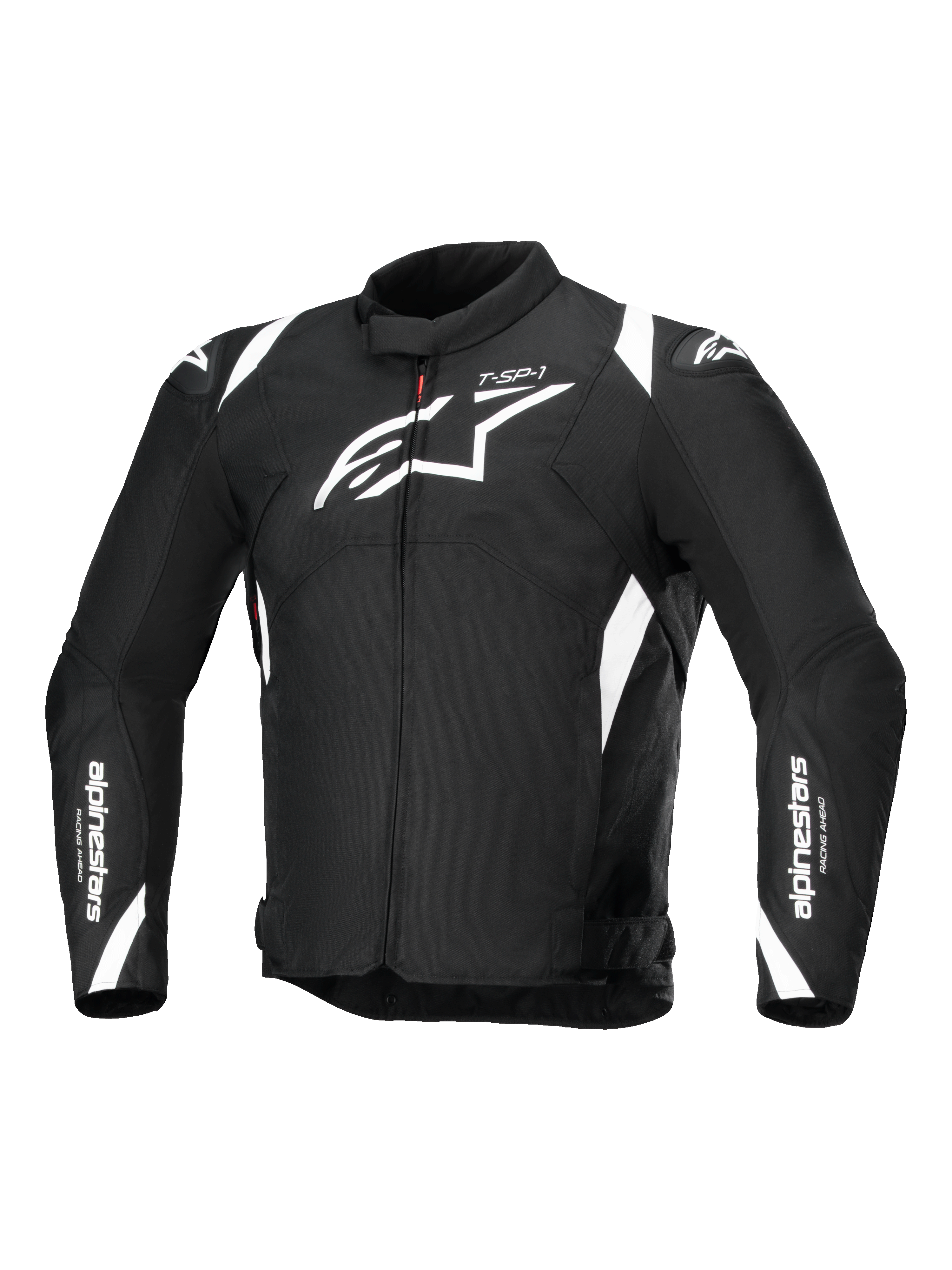Chaqueta impermeable Alpinestars T-SP 1 V2, chaqueta de moto textil, negro y blanco, con un gran logotipo blanco de Astars en el pecho, logotipos en las mangas y los hombros, y una silueta técnica de inspiración deportiva