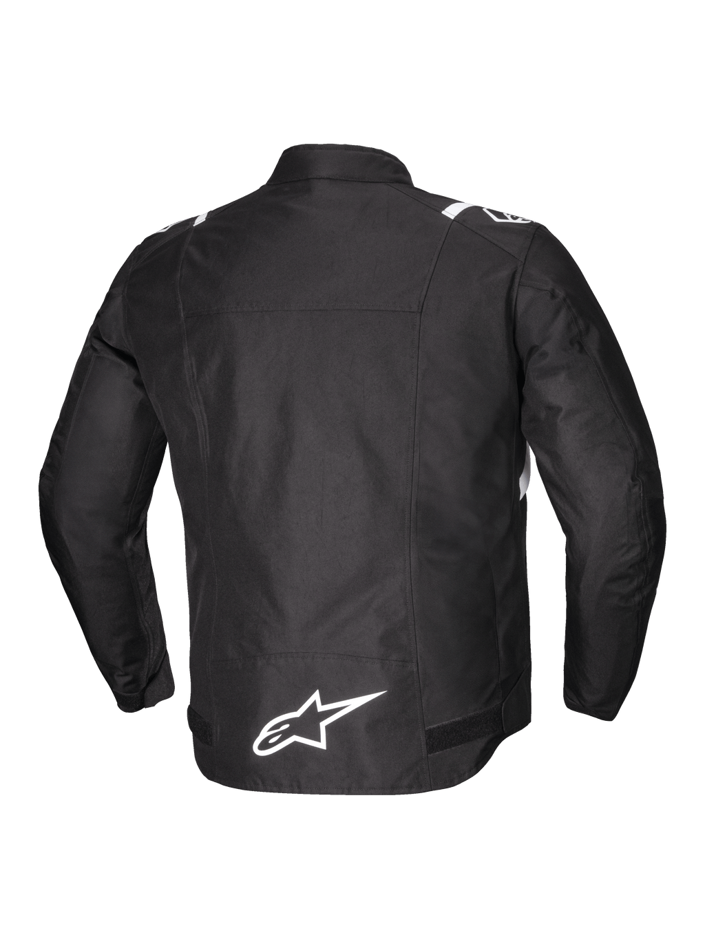 Alpinestars Chaqueta T-SPS V2 Impermeable, vista trasera en negro con detalles blancos y logotipo reflectante, chaqueta de moto textil para hombre con certificación CE Clase A y tejido de poliéster 600D resistente a la abrasión