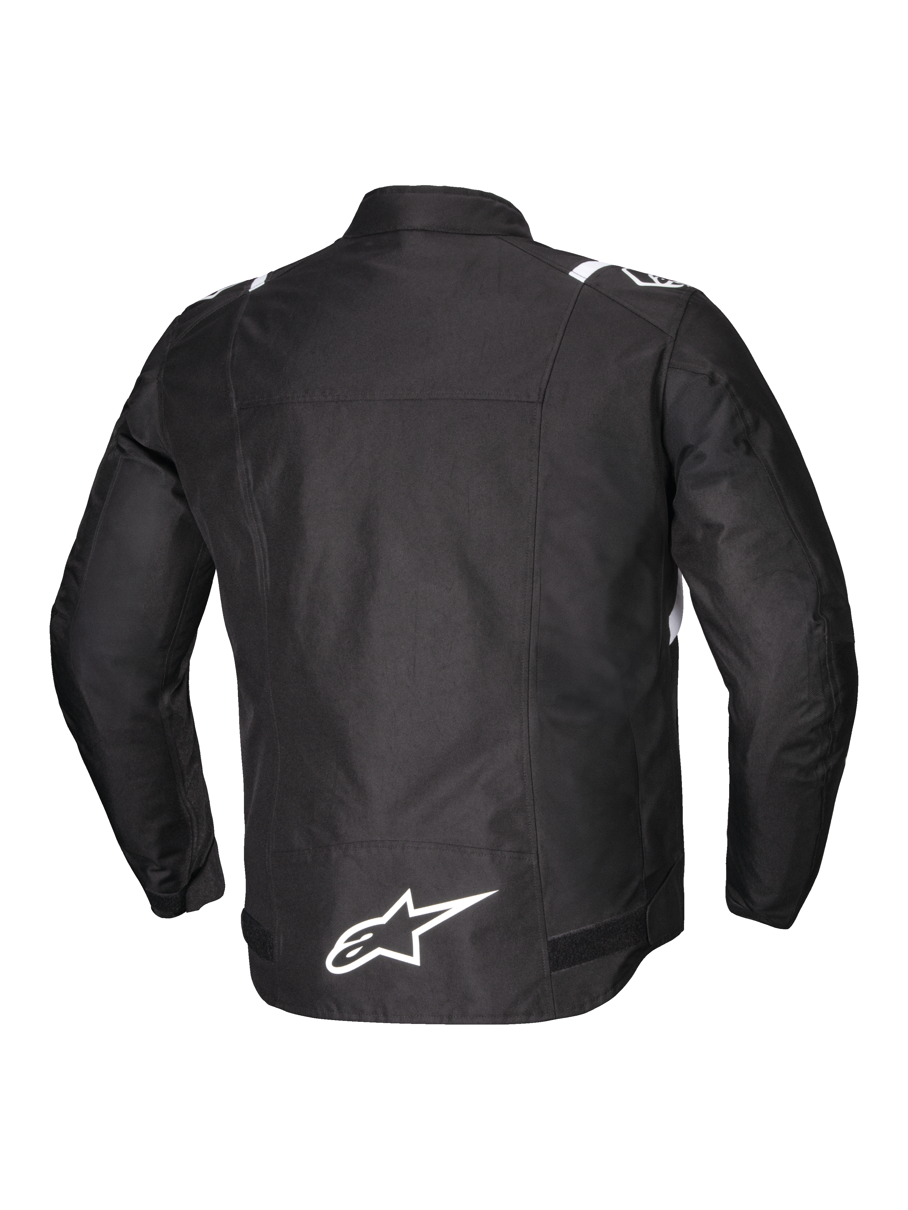 Alpinestars Chaqueta T-SPS V2 Impermeable, vista trasera en negro con detalles blancos y logotipo reflectante, chaqueta de moto textil para hombre con certificación CE Clase A y tejido de poliéster 600D resistente a la abrasión