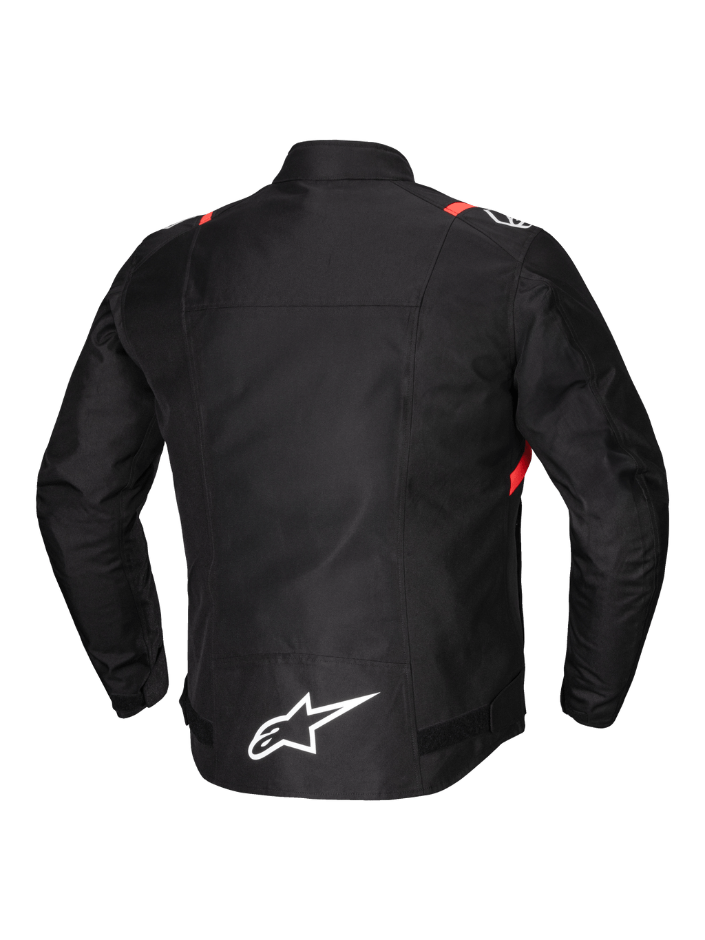 Alpinestars T-SPS V2 Chaqueta Impermeable, chaqueta de moto para hombre de tejido textil, vista trasera, negra con detalles en blanco y rojo fluo, con detalles reflectantes y espalda extendida