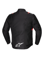 Alpinestars T-SPS V2 Chaqueta Impermeable, chaqueta de moto para hombre de tejido textil, vista trasera, negra con detalles en blanco y rojo fluo, con detalles reflectantes y espalda extendida