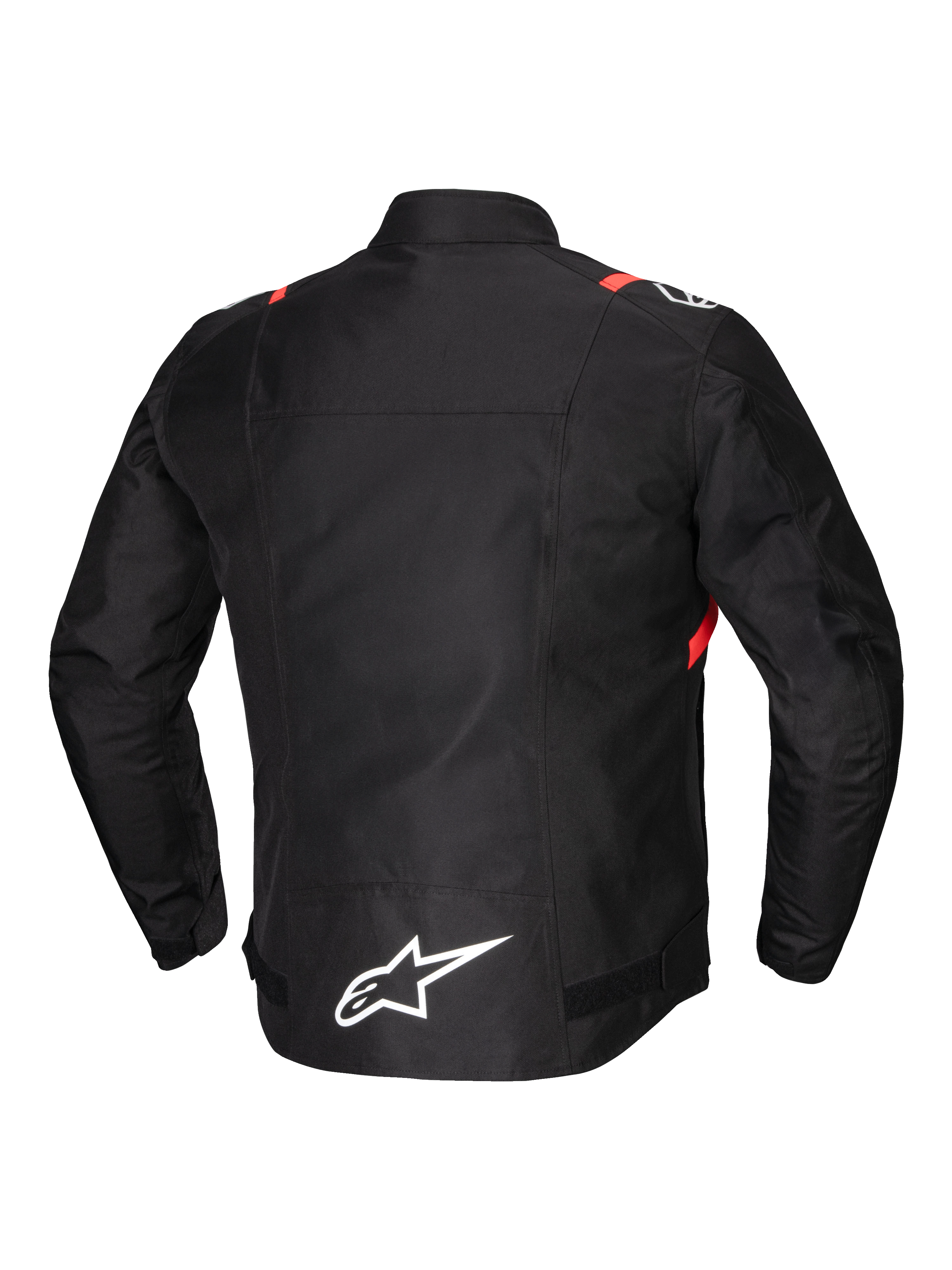 Alpinestars T-SPS V2 Chaqueta Impermeable, chaqueta de moto para hombre de tejido textil, vista trasera, negra con detalles en blanco y rojo fluo, con detalles reflectantes y espalda extendida