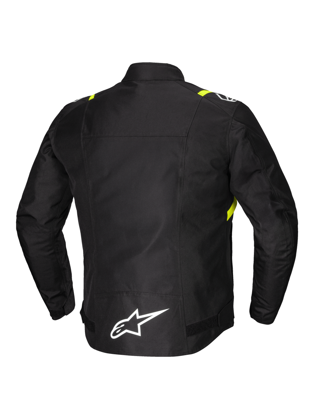 Alpinestars Chaqueta T-SPS V2 Impermeable, chaqueta de moto deportiva textil para hombre, vista trasera que muestra detalles reflectantes y logotipo blanco en la parte baja de la espalda extendida, negra con detalles en blanco y amarillo flúor