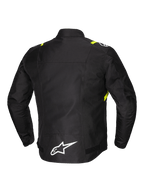 Alpinestars Chaqueta T-SPS V2 Impermeable, chaqueta de moto deportiva textil para hombre, vista trasera que muestra detalles reflectantes y logotipo blanco en la parte baja de la espalda extendida, negra con detalles en blanco y amarillo flúor