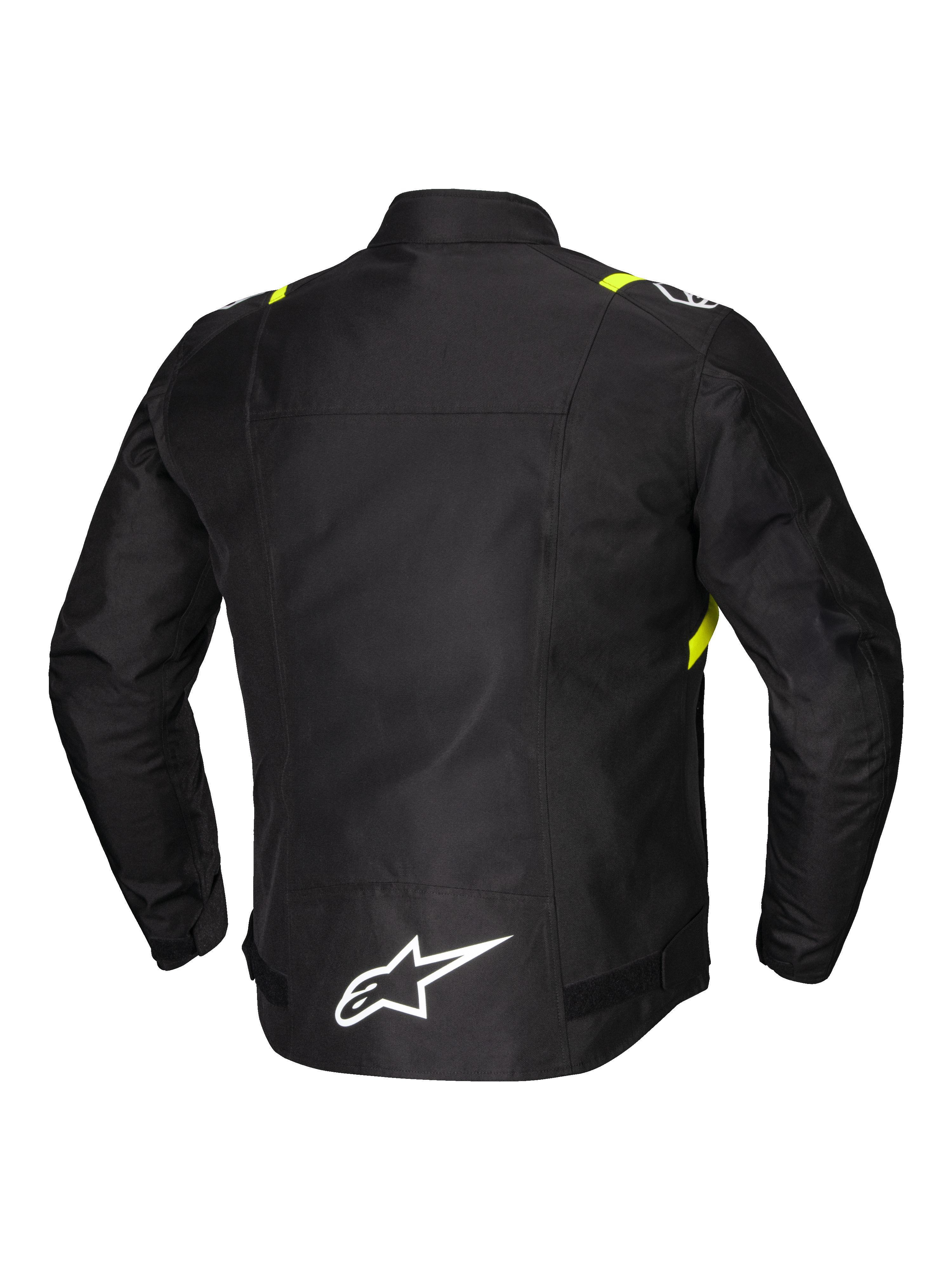 Alpinestars Chaqueta T-SPS V2 Impermeable, chaqueta de moto deportiva textil para hombre, vista trasera que muestra detalles reflectantes y logotipo blanco en la parte baja de la espalda extendida, negra con detalles en blanco y amarillo flúor