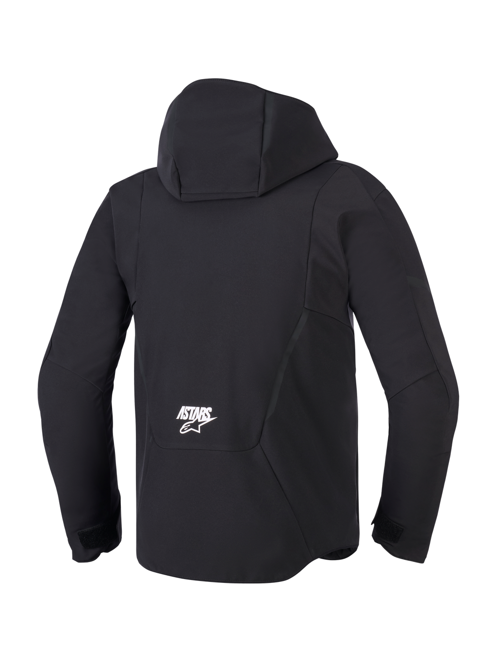 Alpinestars Aeroshell, chaqueta de moto para hombre, negra, impermeable, vista posterior con capucha y logo Astars blanco.