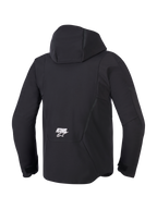 Alpinestars Aeroshell, chaqueta de moto para hombre, negra, impermeable, vista posterior con capucha y logo Astars blanco.
