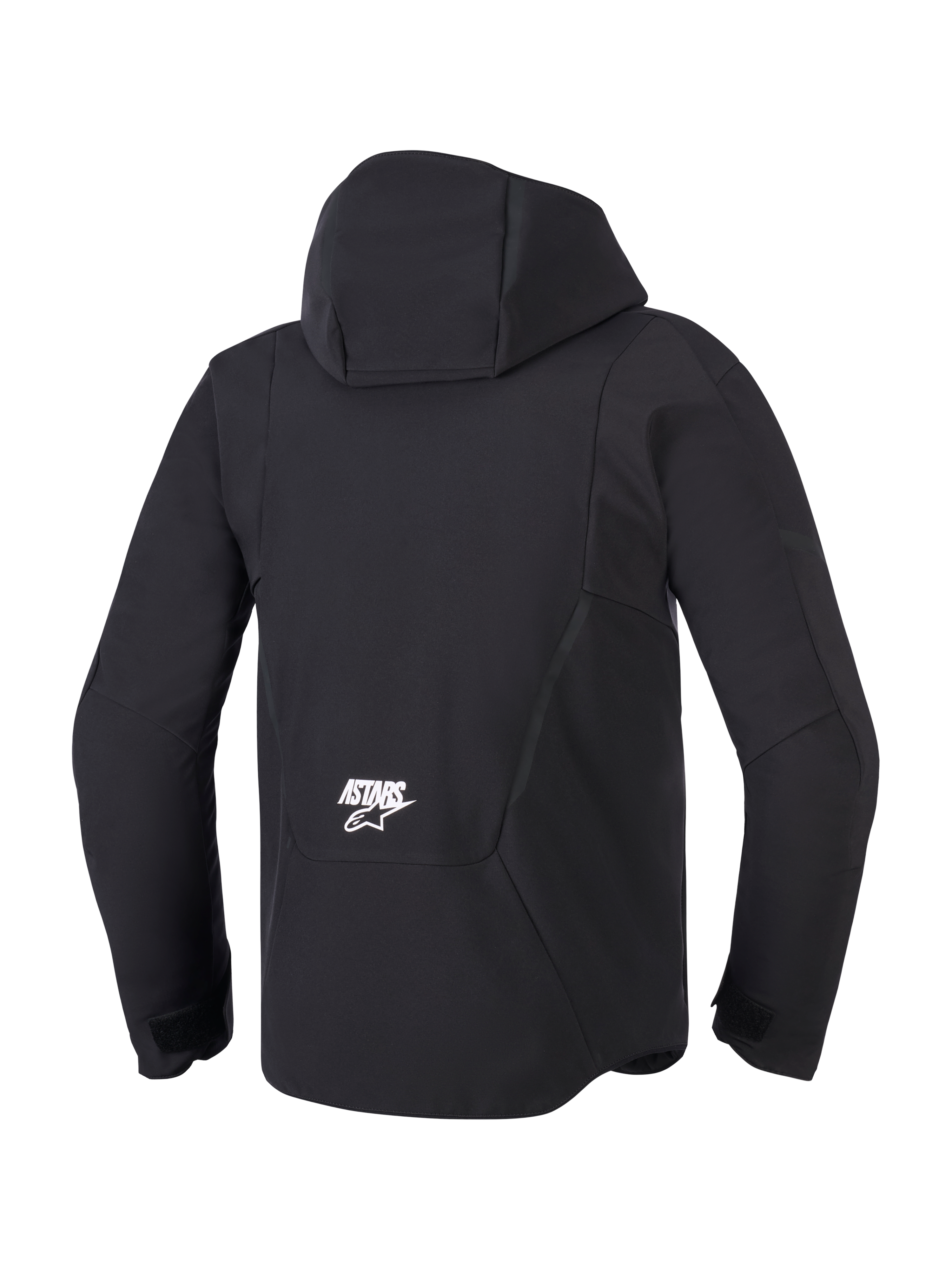 Alpinestars Aeroshell, chaqueta de moto para hombre, negra, impermeable, vista posterior con capucha y logo Astars blanco.