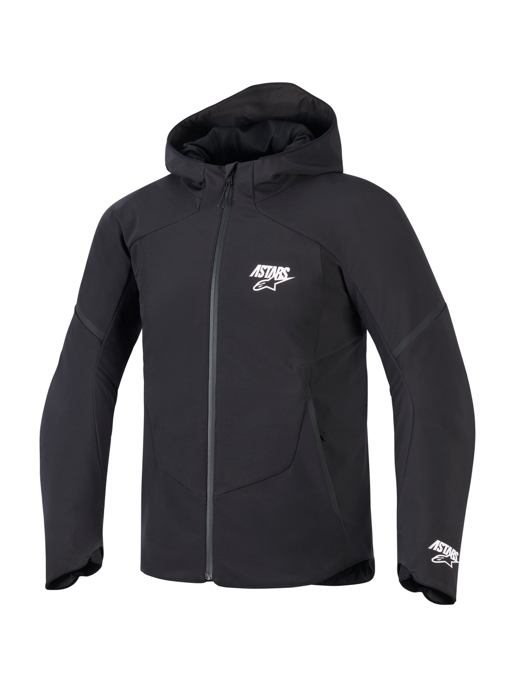 Alpinestars chaqueta Aeroshell impermeable, chaqueta con capucha para moto para hombre, negra con logotipos ASTARS blancos, material softshell elástico e impermeable