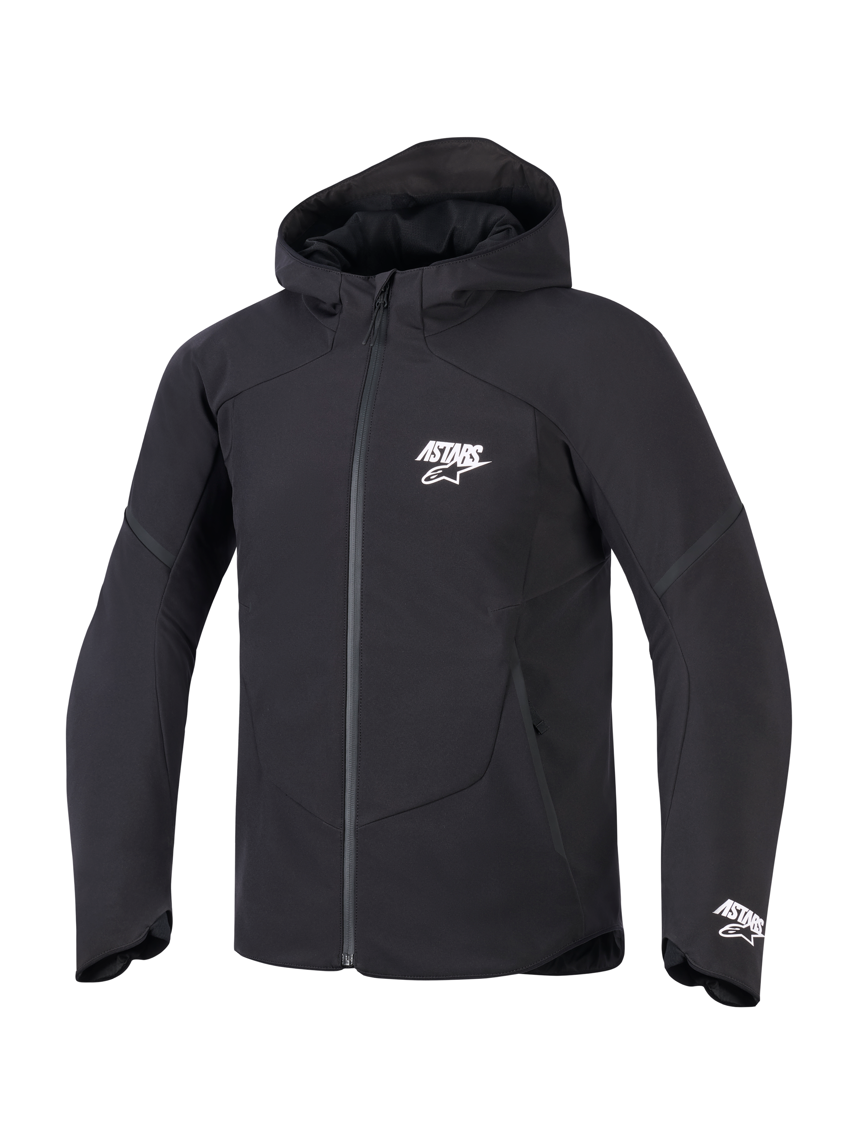 Alpinestars chaqueta Aeroshell impermeable, chaqueta con capucha para moto para hombre, negra con logotipos ASTARS blancos, material softshell elástico e impermeable
