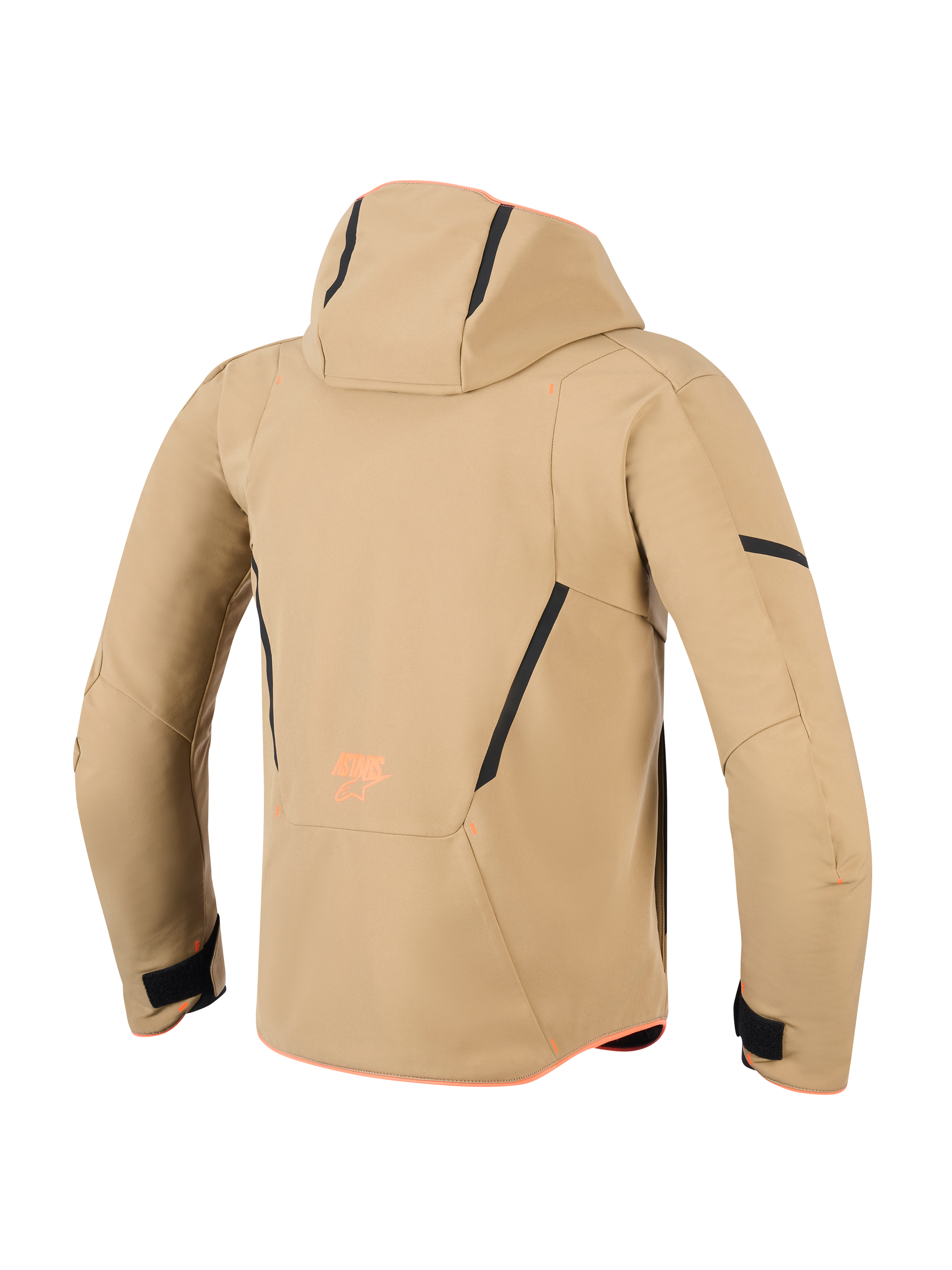 Alpinestars Aeroshell Waterproof Jacket, Rear view, Dark Khaki with Black and Orange Fluo accents, featuring a hood, black contrast lines, and orange branding, sports softshell motorcycle hoodie