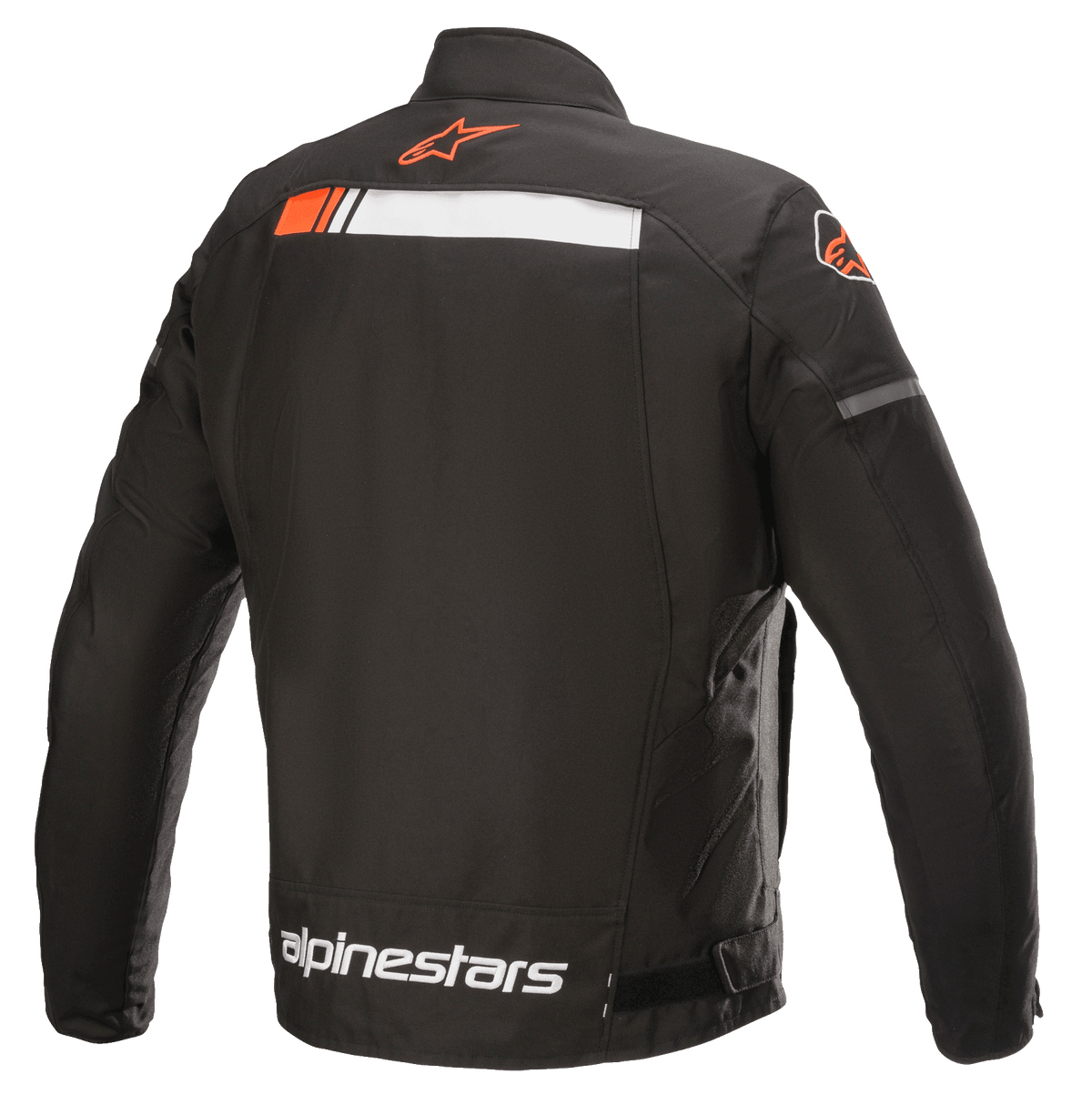 Chaqueta Alpinestars T-SP S Ignition Waterproof, chaqueta de moto, negro, blanco y rojo flúor, vista trasera con una franja horizontal blanca y rojo flúor en los hombros, logotipo de Alpinestars en el cuello y en la parte inferior de la espalda, confección textil duradera para conducción urbana.