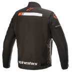 Chaqueta Alpinestars T-SP S Ignition Waterproof, chaqueta de moto, negro, blanco y rojo flúor, vista trasera con una franja horizontal blanca y rojo flúor en los hombros, logotipo de Alpinestars en el cuello y en la parte inferior de la espalda, confección textil duradera para conducción urbana.