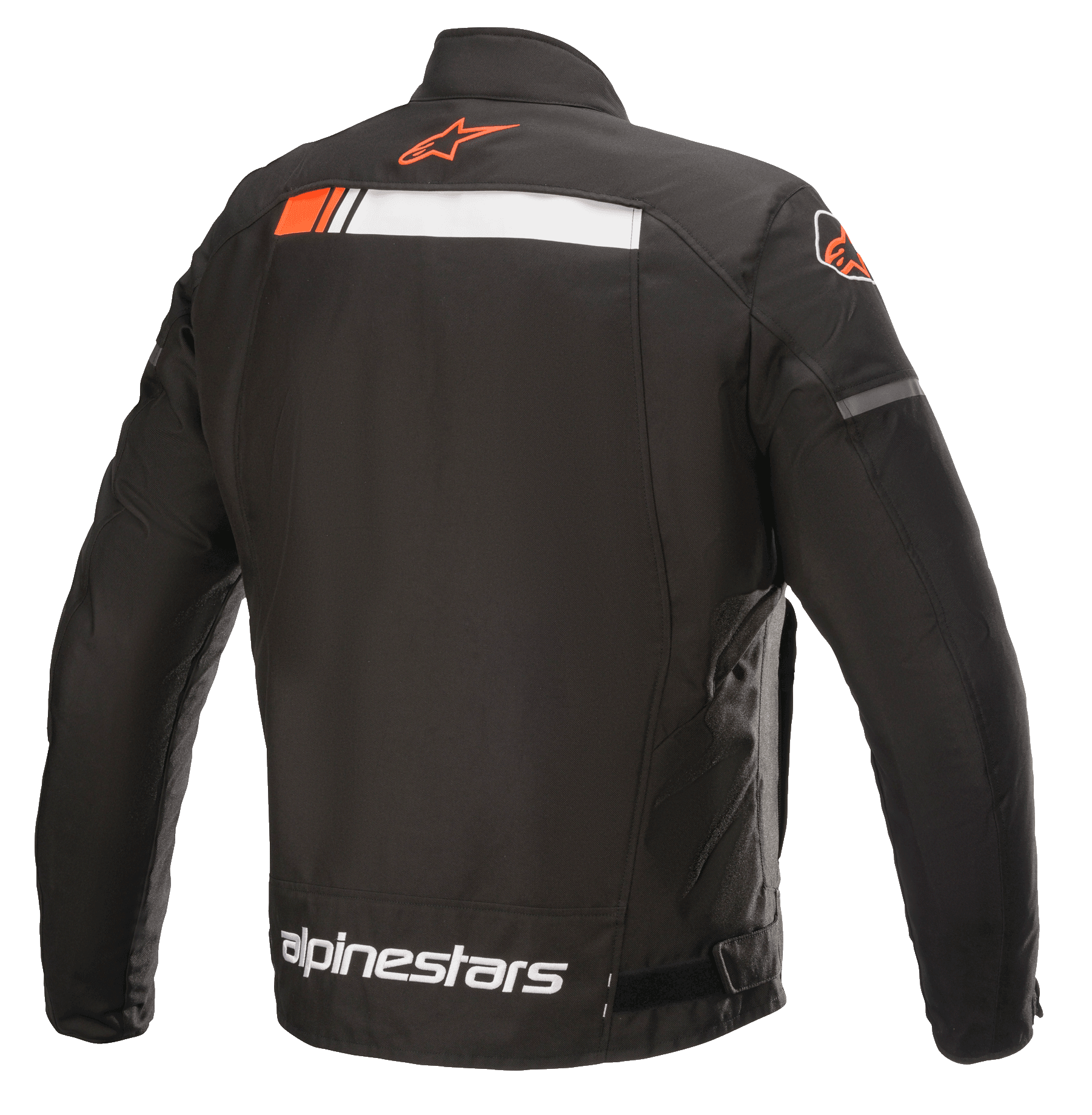 Chaqueta Alpinestars T-SP S Ignition Waterproof, chaqueta de moto, negro, blanco y rojo flúor, vista trasera con una franja horizontal blanca y rojo flúor en los hombros, logotipo de Alpinestars en el cuello y en la parte inferior de la espalda, confección textil duradera para conducción urbana.