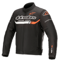 Alpinestars T-SP S Ignition Waterproof Jacket, chaqueta de moto textil negra con detalles en blanco y rojo flúor, con el logotipo de Alpinestars y el texto 'Racing Ahead' en el pecho, logo SP-S en la manga, cuello alto y cintura ajustable