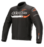 Alpinestars T-SP S Ignition Waterproof Jacket, chaqueta de moto textil negra con detalles en blanco y rojo flúor, con el logotipo de Alpinestars y el texto 'Racing Ahead' en el pecho, logo SP-S en la manga, cuello alto y cintura ajustable
