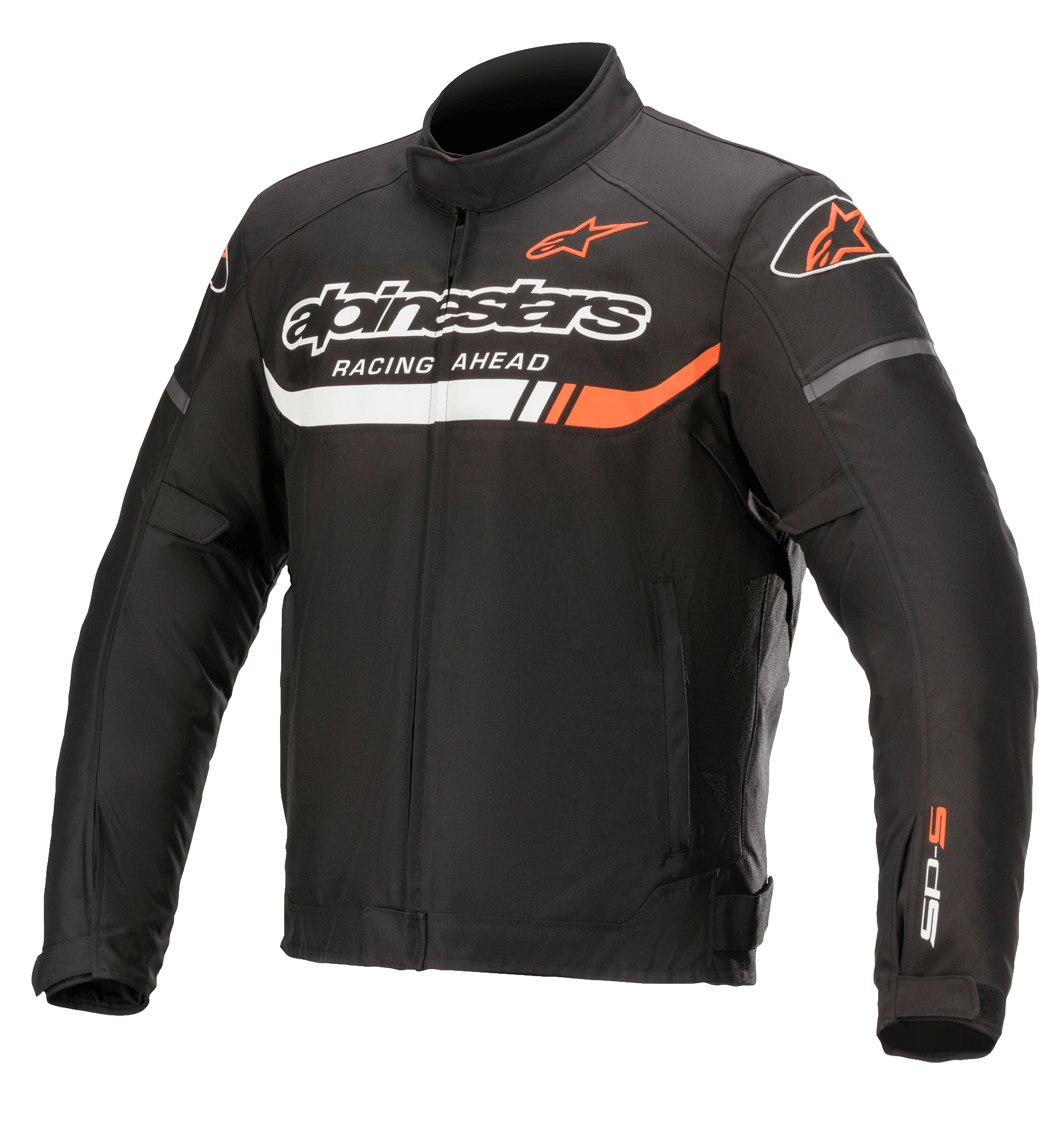 Alpinestars T-SP S Ignition Waterproof Jacket, chaqueta de moto textil negra con detalles en blanco y rojo flúor, con el logotipo de Alpinestars y el texto 'Racing Ahead' en el pecho, logo SP-S en la manga, cuello alto y cintura ajustable