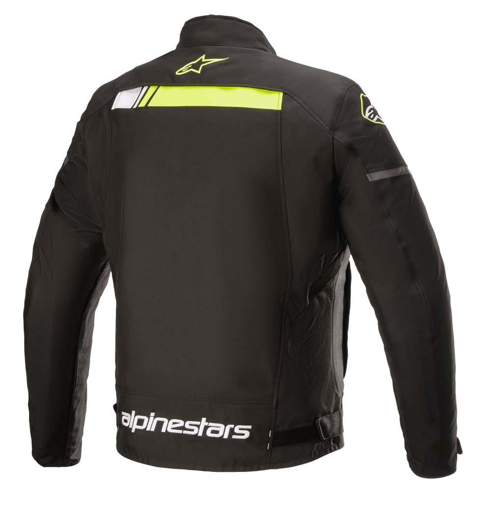 Chaqueta impermeable Alpinestars T-SP S Ignition, chaqueta de moto textil, negro y amarillo flúor, vista posterior con una franja horizontal amarillo neón en la parte superior de la espalda, logotipo blanco de Alpinestars en la cintura y pequeño logo de estrella amarilla en el cuello