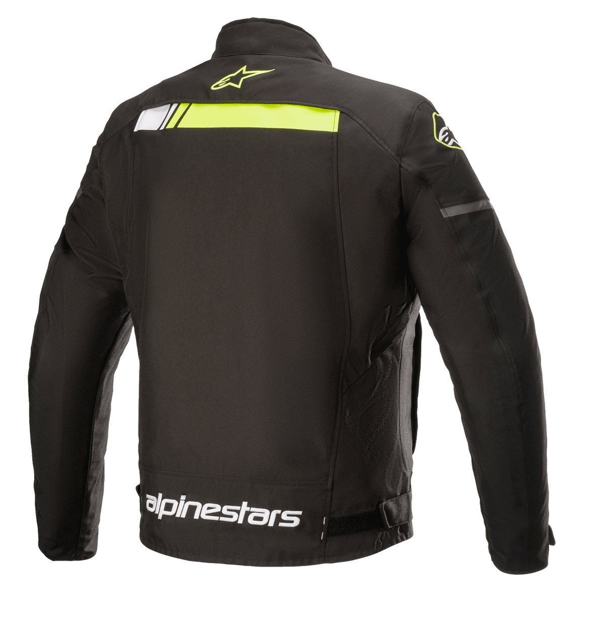 Chaqueta impermeable Alpinestars T-SP S Ignition, chaqueta de moto textil, negro y amarillo flúor, vista posterior con una franja horizontal amarillo neón en la parte superior de la espalda, logotipo blanco de Alpinestars en la cintura y pequeño logo de estrella amarilla en el cuello