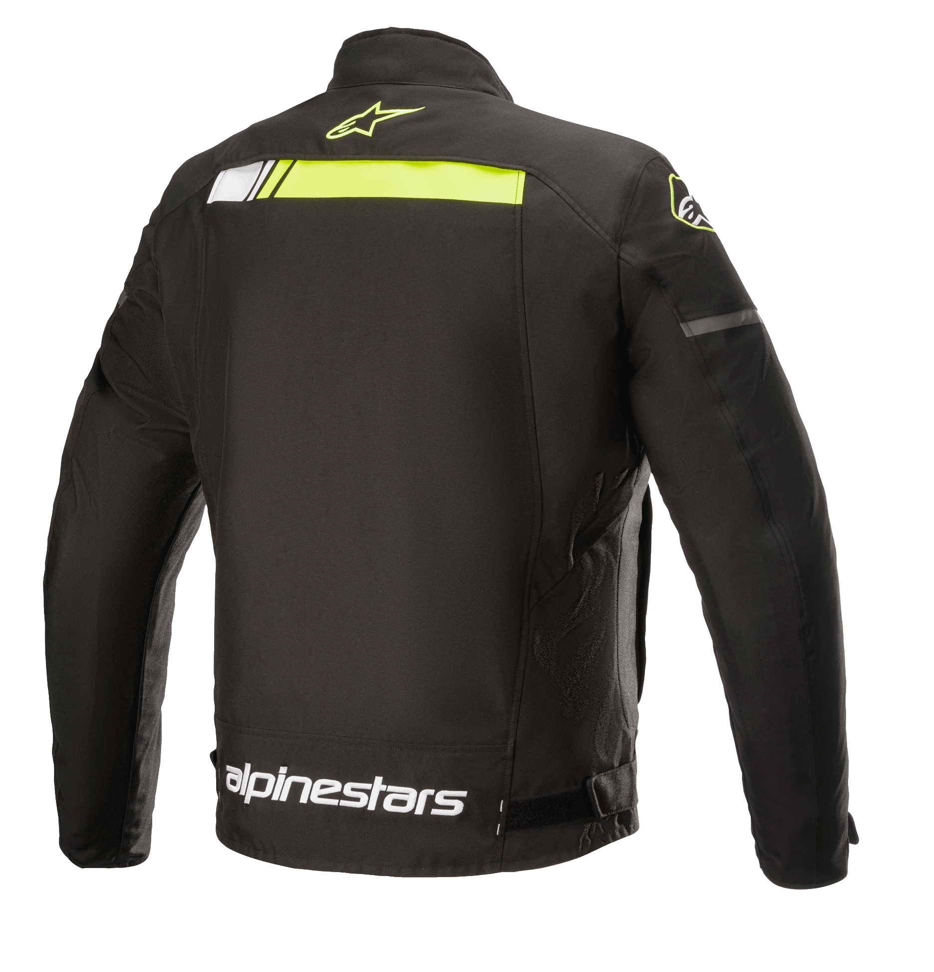 Chaqueta impermeable Alpinestars T-SP S Ignition, chaqueta de moto textil, negro y amarillo flúor, vista posterior con una franja horizontal amarillo neón en la parte superior de la espalda, logotipo blanco de Alpinestars en la cintura y pequeño logo de estrella amarilla en el cuello