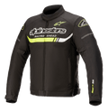 Alpinestars T-SP S Ignition Waterproof Jacket, chaqueta textil de moto, negra con detalles amarillo flúor y blancos, logotipos de Alpinestars y texto 'Racing Ahead' en el pecho, franja horizontal amarillo neón y diseño aerodinámico inspirado en las carreras