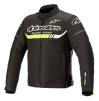 Alpinestars T-SP S Ignition Waterproof Jacket, chaqueta textil de moto, negra con detalles amarillo flúor y blancos, logotipos de Alpinestars y texto 'Racing Ahead' en el pecho, franja horizontal amarillo neón y diseño aerodinámico inspirado en las carreras