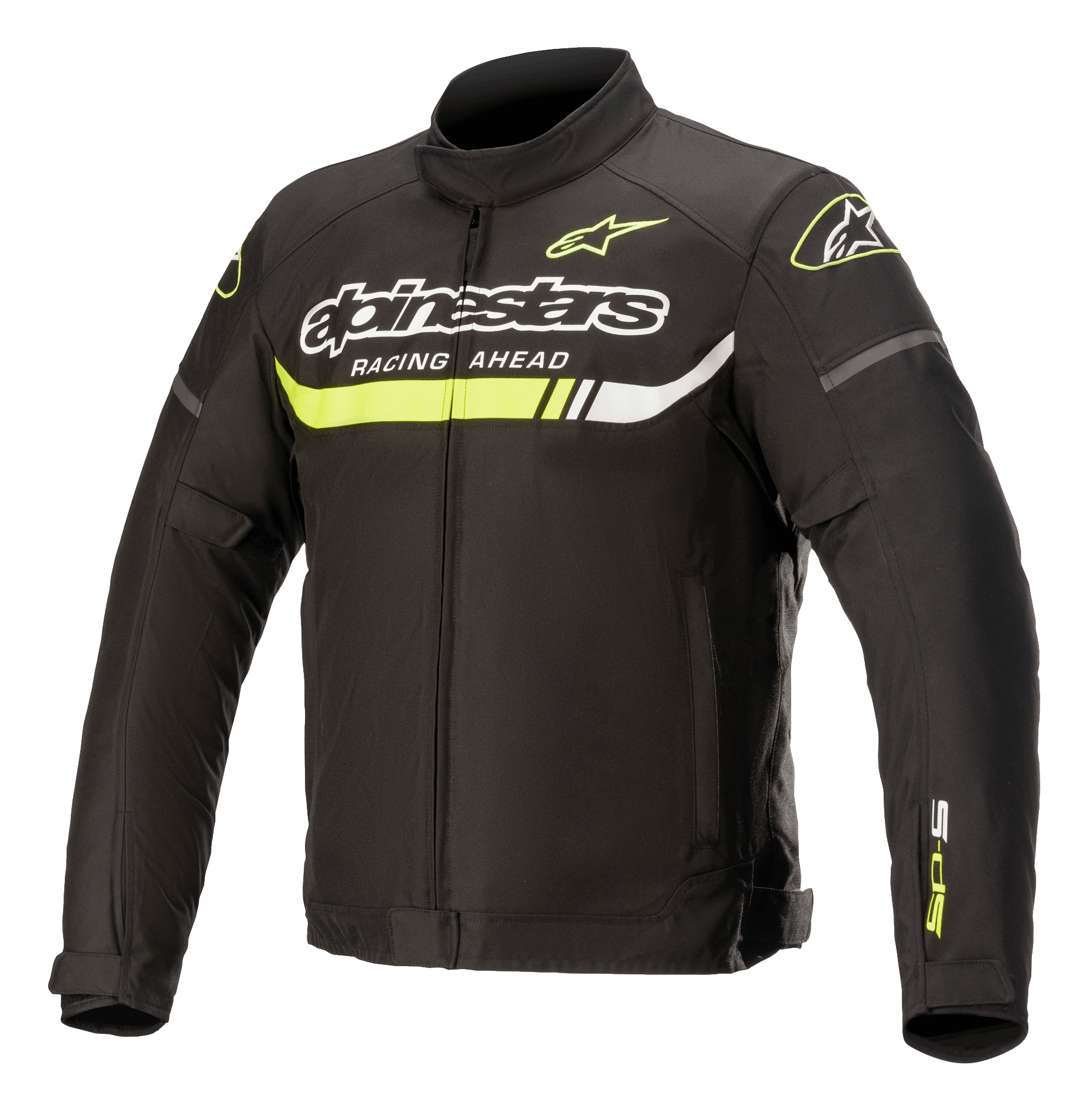 Alpinestars T-SP S Ignition Waterproof Jacket, chaqueta textil de moto, negra con detalles amarillo flúor y blancos, logotipos de Alpinestars y texto 'Racing Ahead' en el pecho, franja horizontal amarillo neón y diseño aerodinámico inspirado en las carreras