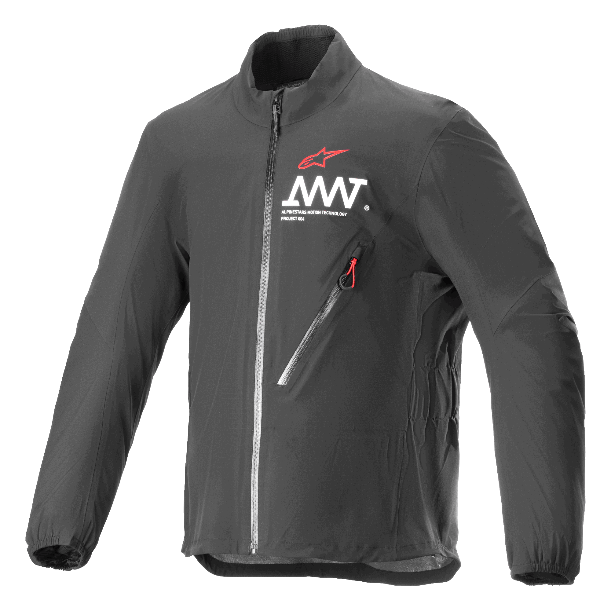 Alpinestars AMT Storm Gear Drystar XF Jacket, chaqueta de moto negra, impermeable y transpirable, con cuello alto, bolsillo diagonal con cremallera en el pecho con tirador rojo y logotipo AMT blanco en el pecho.