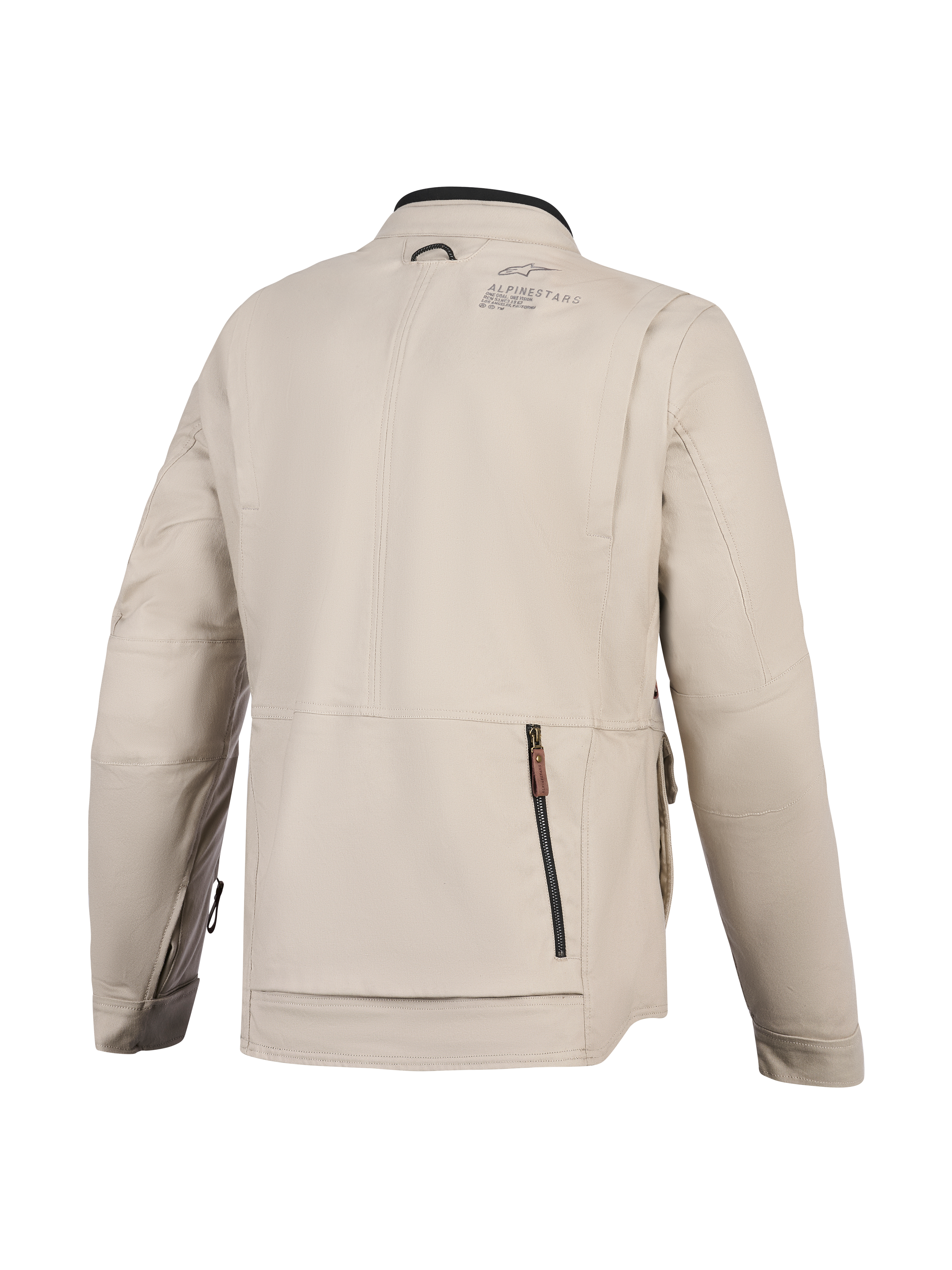 Chaqueta Alpinestars Borrego Drystar®, chaqueta de moto, gris cálido, vista trasera con un gran compartimento posterior con cremallera, confección en lona textil duradera con la marca Alpinestars en el hombro, diseño listo para la aventura