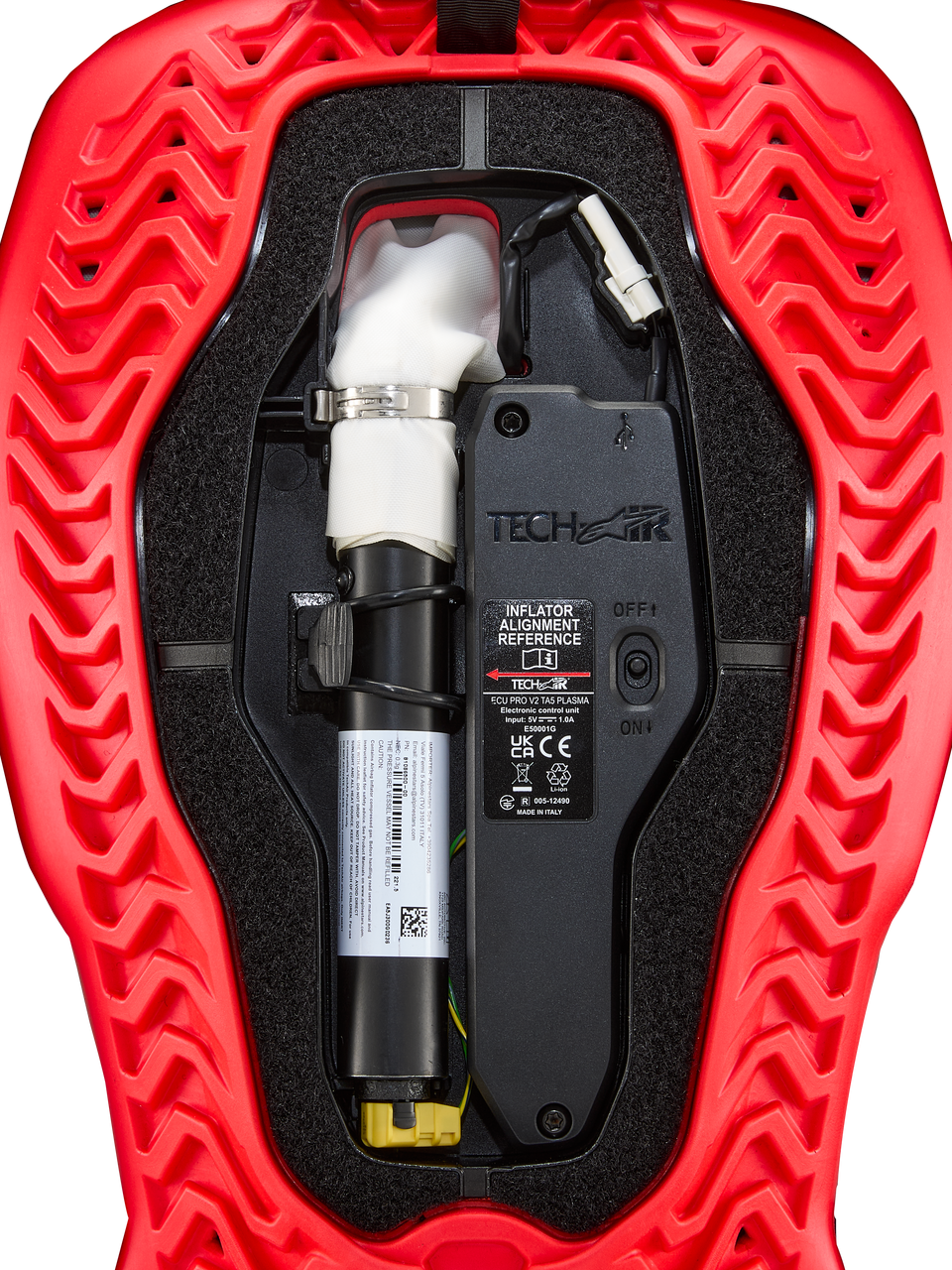 Alpinestars Tech-Air® 5 Plasma, cartucho de repuesto para sistema de airbag, componente interno con inflador cilíndrico, interruptor ON/OFF, abrazadera plateada, cables negros, carcasa roja con textura acanalada
