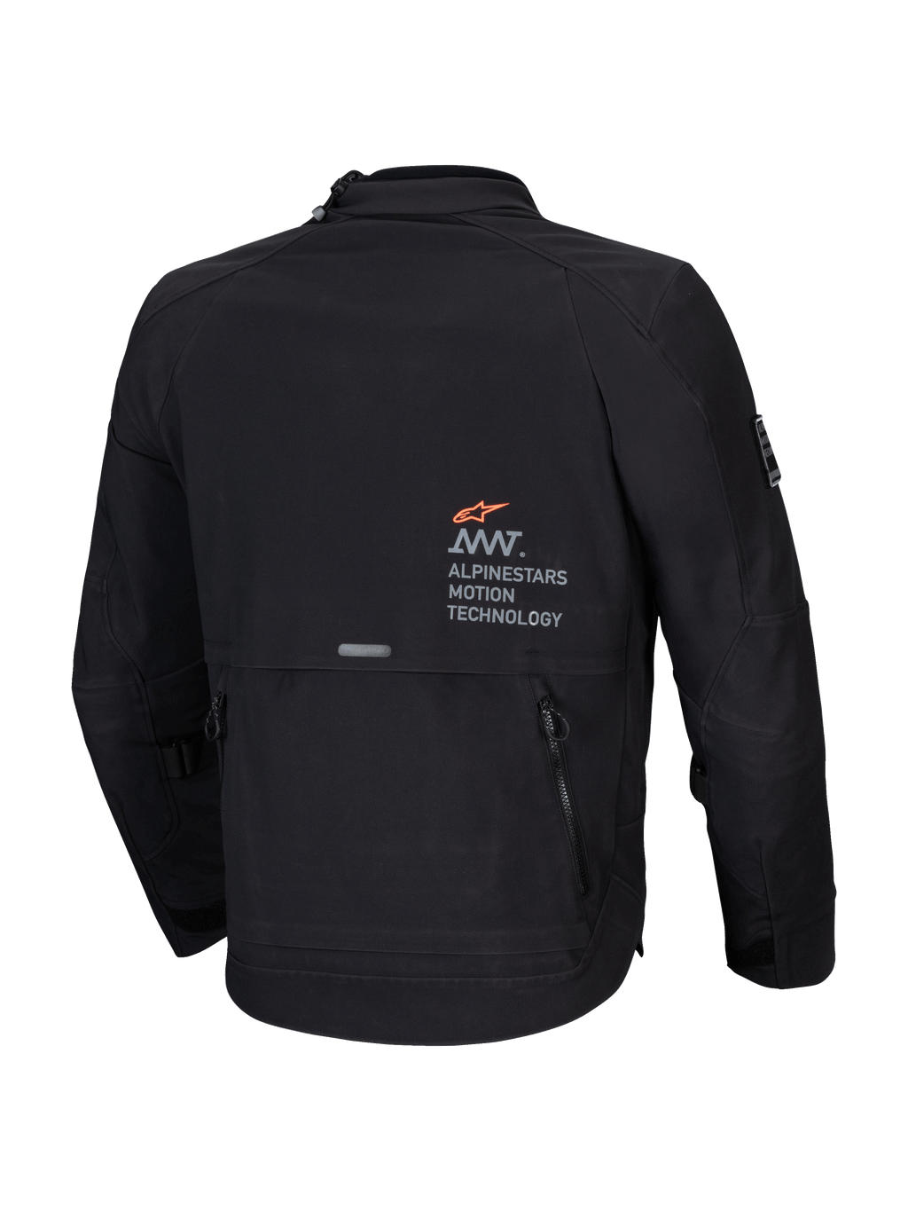 Alpinestars Chaqueta AMT-8 Stretch Drystar® XF, chaqueta de moto para adventure-touring de hombre, negra, vista trasera que muestra la marca AMT y el bolsillo utilitario de carga