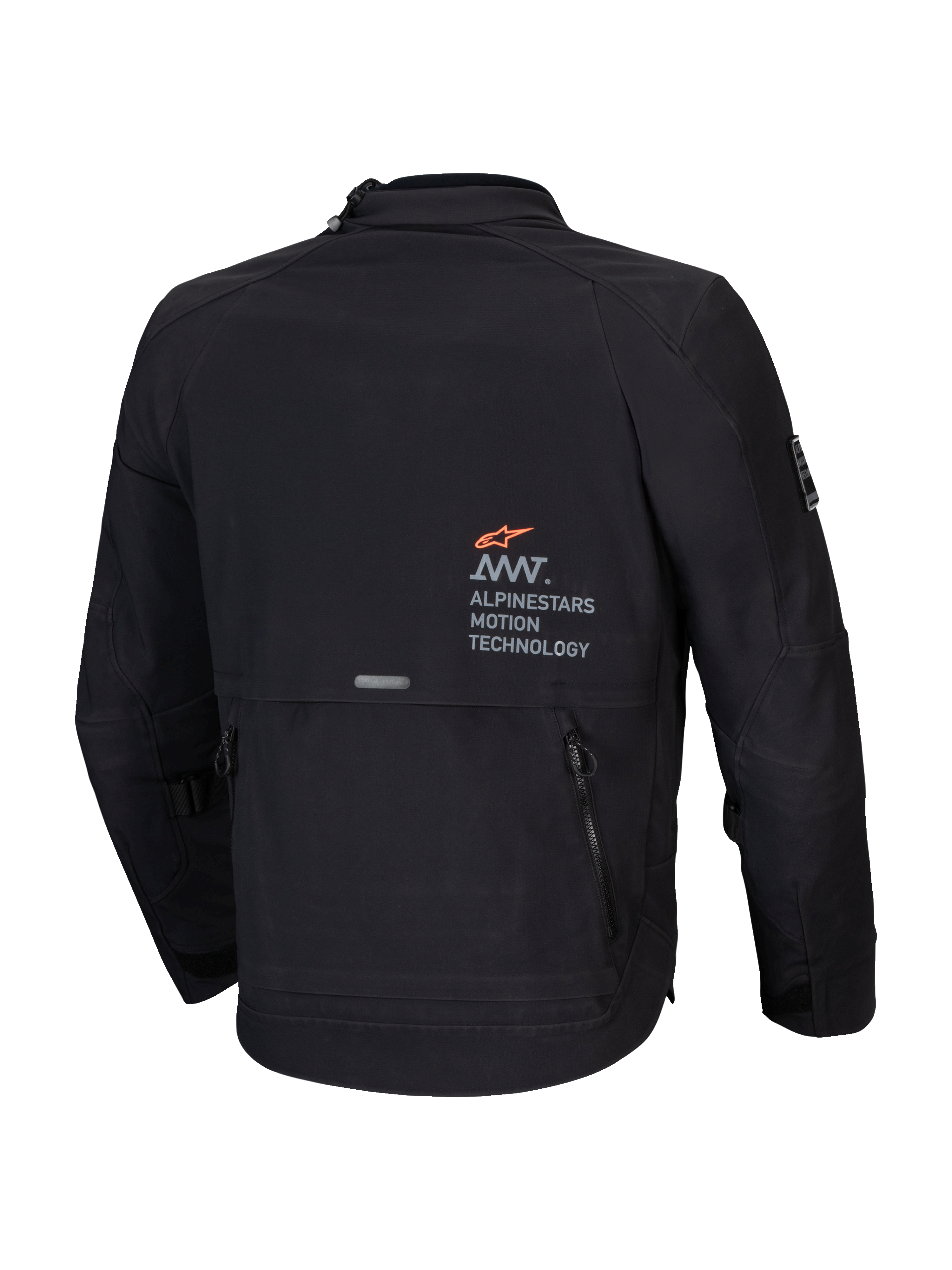 Alpinestars Chaqueta AMT-8 Stretch Drystar® XF, chaqueta de moto para adventure-touring de hombre, negra, vista trasera que muestra la marca AMT y el bolsillo utilitario de carga