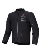 Alpinestars Chaqueta AMT-8 Stretch Drystar XF, chaqueta de moto adventure touring negra con puertos de ventilación frontales y gráficos de marca, certificada CE