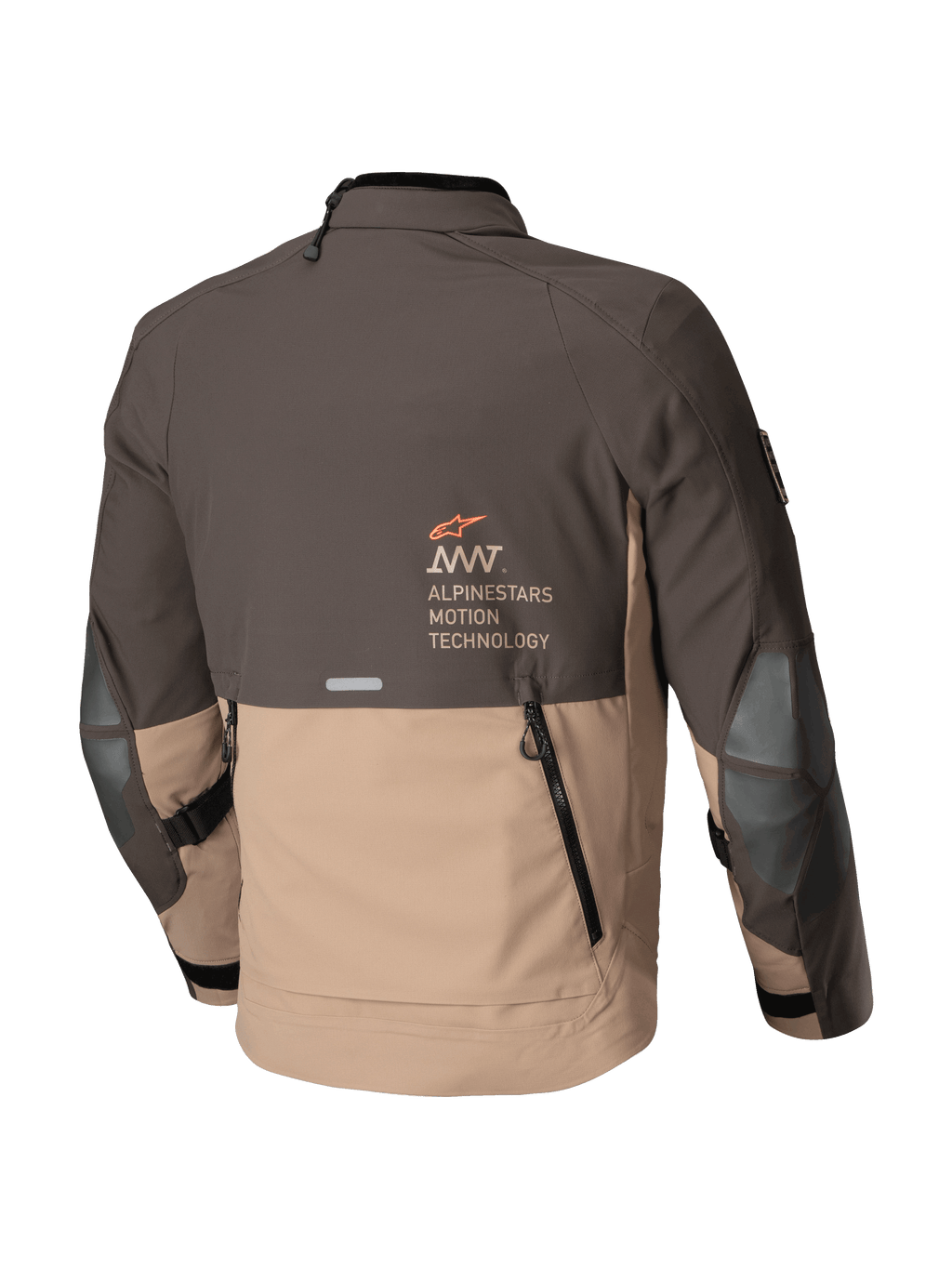 Alpinestars Chaqueta AMT-8 Stretch Drystar® XF, chaqueta de moto adventure touring, marrón oscuro y caqui oscuro, vista trasera con abertura de ventilación trasera y logotipo de Alpinestars Motion Technology
