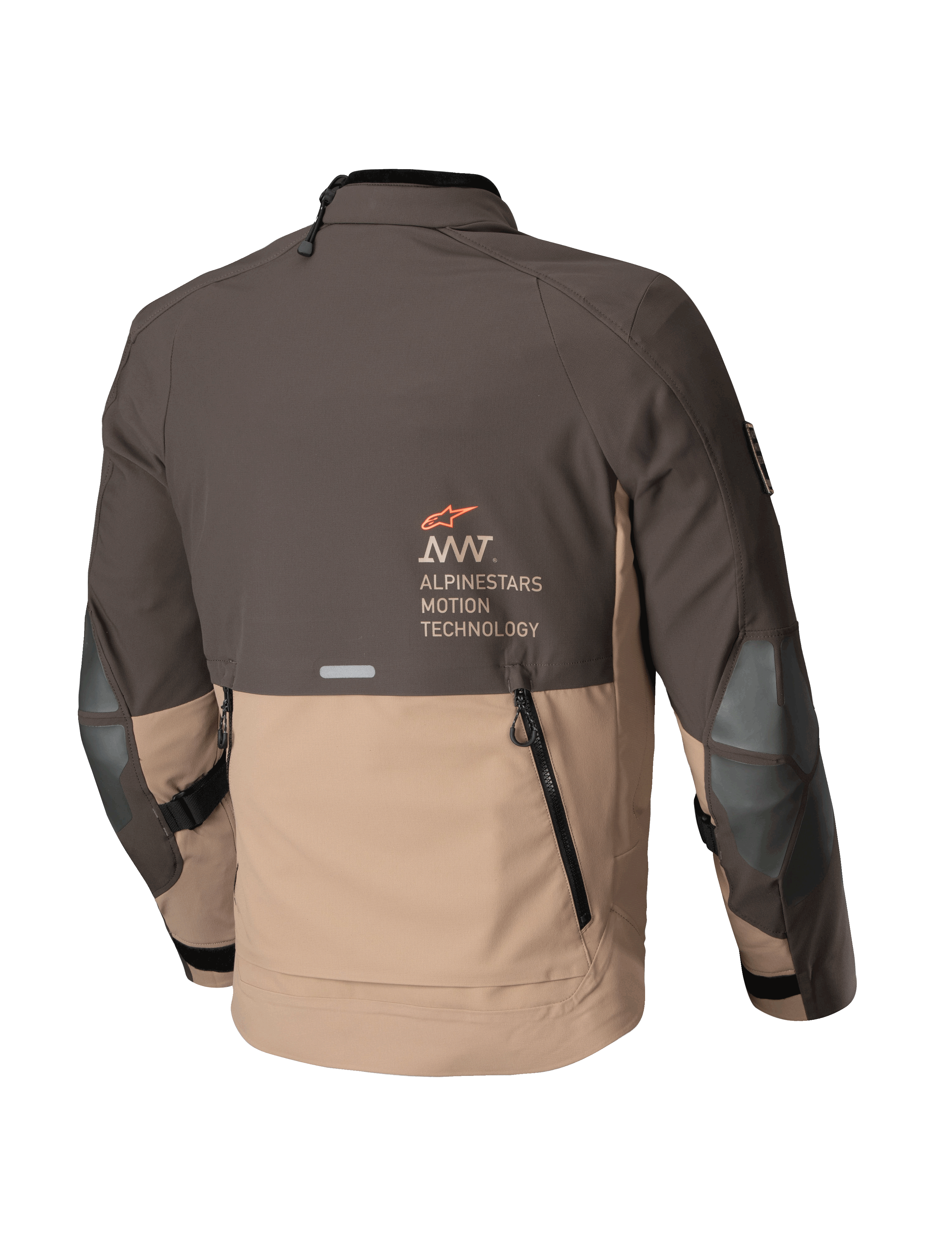 Alpinestars Chaqueta AMT-8 Stretch Drystar® XF, chaqueta de moto adventure touring, marrón oscuro y caqui oscuro, vista trasera con abertura de ventilación trasera y logotipo de Alpinestars Motion Technology