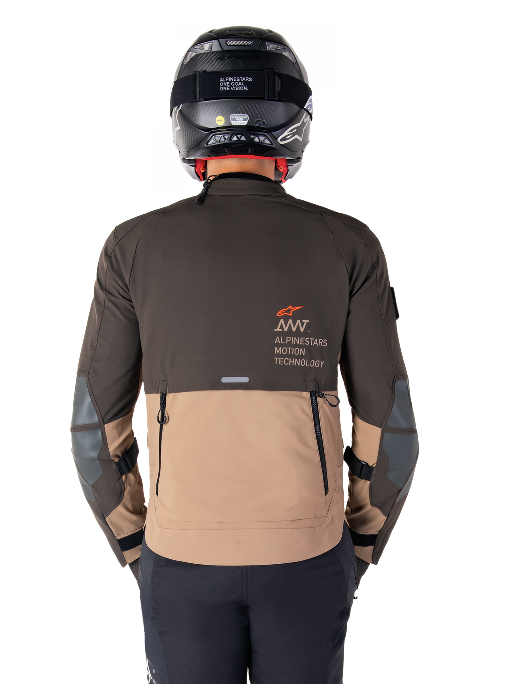 Alpinestars AMT-8 Stretch Drystar® XF Jacket, back view, Dark Brown and Dark Khaki two-tone design, featuring Alpinestars Motion Technology branding, zippered rear cargo pocket, and protective elbow panels, adventure touring motorcycle apparel