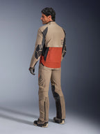 Alpinestars AMT-8 Stretch Drystar® XF Jacket, Adventure Motorcycle Jacket, Walnut Rust and Black, back view on model worn with matching adventure pants and boots, highly breathable textile gear for touring