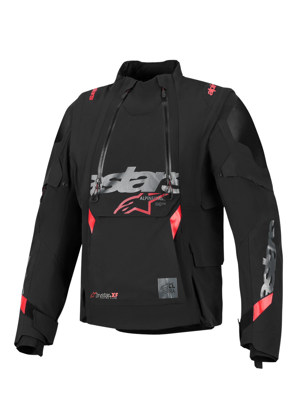 Chaqueta laminada Alpinestars Halo Pro Drystar® XF, negra con detalles en rojo y gris, con dos cremalleras frontales asimétricas impermeables, un gran logotipo en el pecho y un diseño textil técnico modular para conducción de aventura