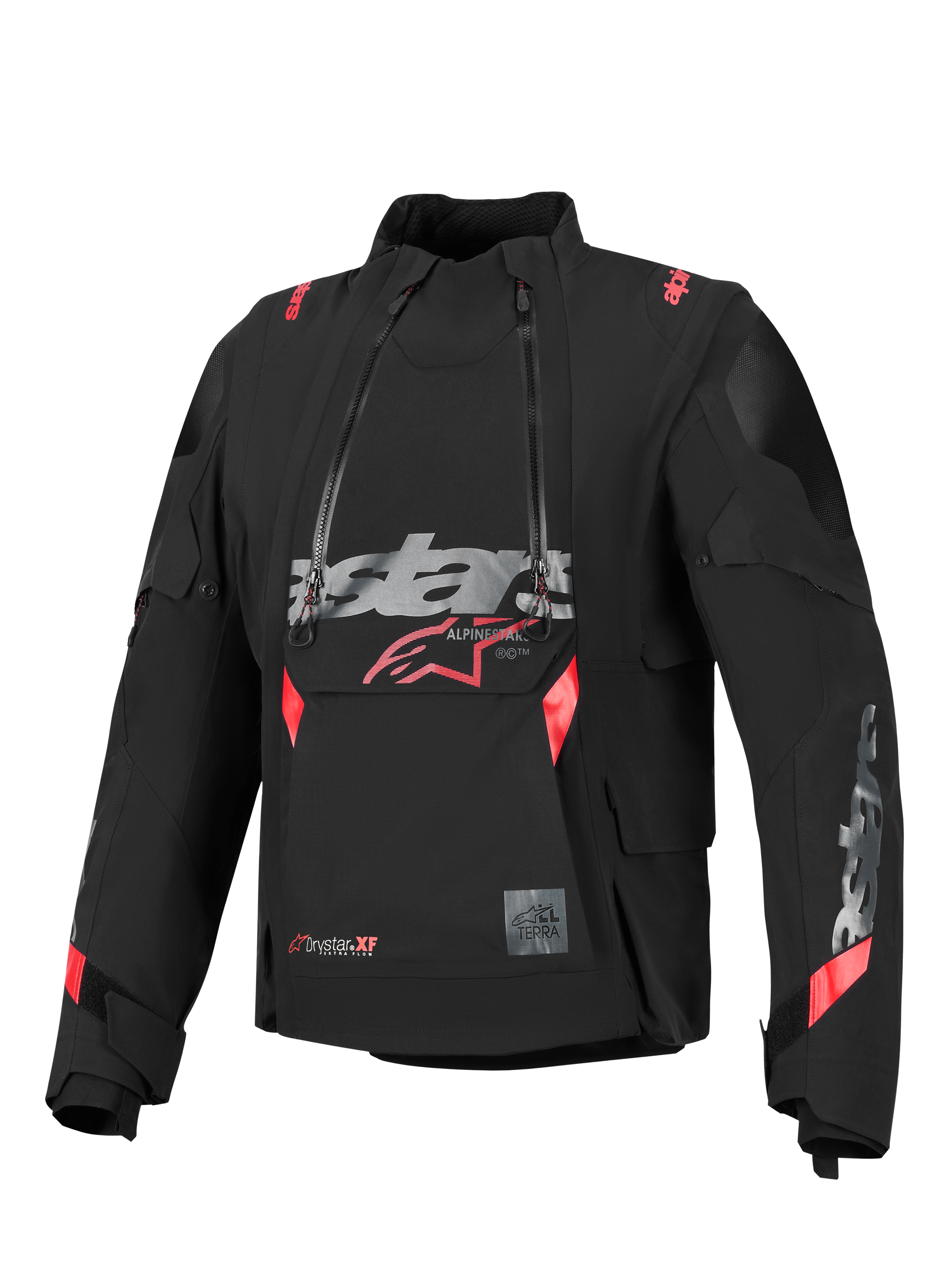 Chaqueta laminada Alpinestars Halo Pro Drystar® XF, negra con detalles en rojo y gris, con dos cremalleras frontales asimétricas impermeables, un gran logotipo en el pecho y un diseño textil técnico modular para conducción de aventura
