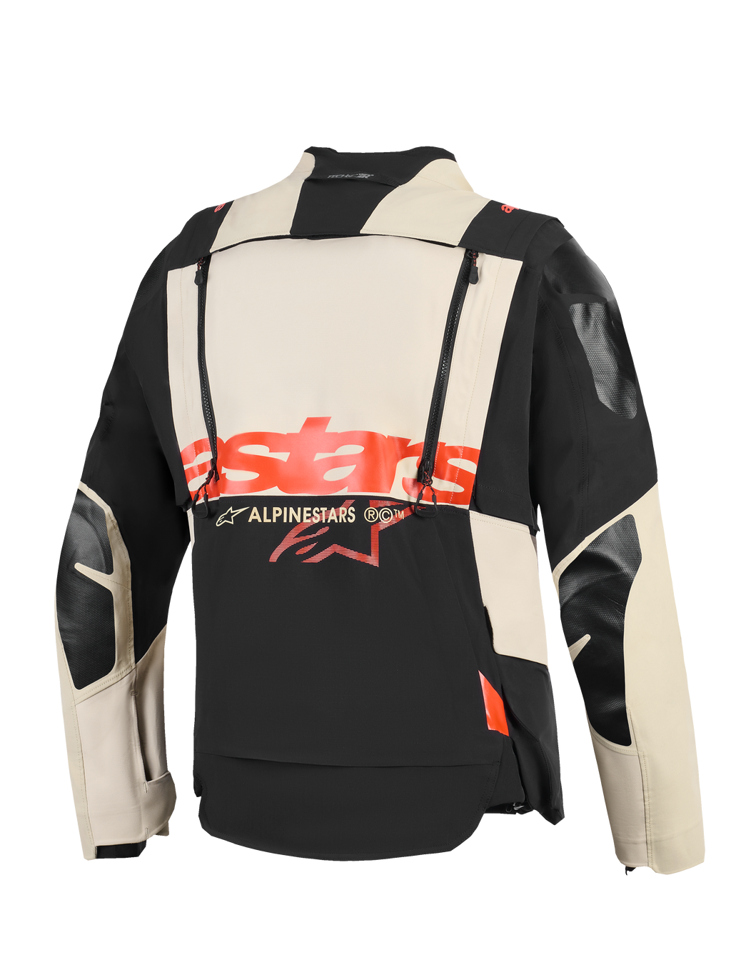 Chaqueta laminada Alpinestars Halo Pro Drystar® XF, vista posterior, construcción textil en negro Mastic y crema, logotipo 'stars' rojo llamativo en el centro, cremalleras verticales dobles para ventilación modular, prenda técnica de aventura para motociclismo