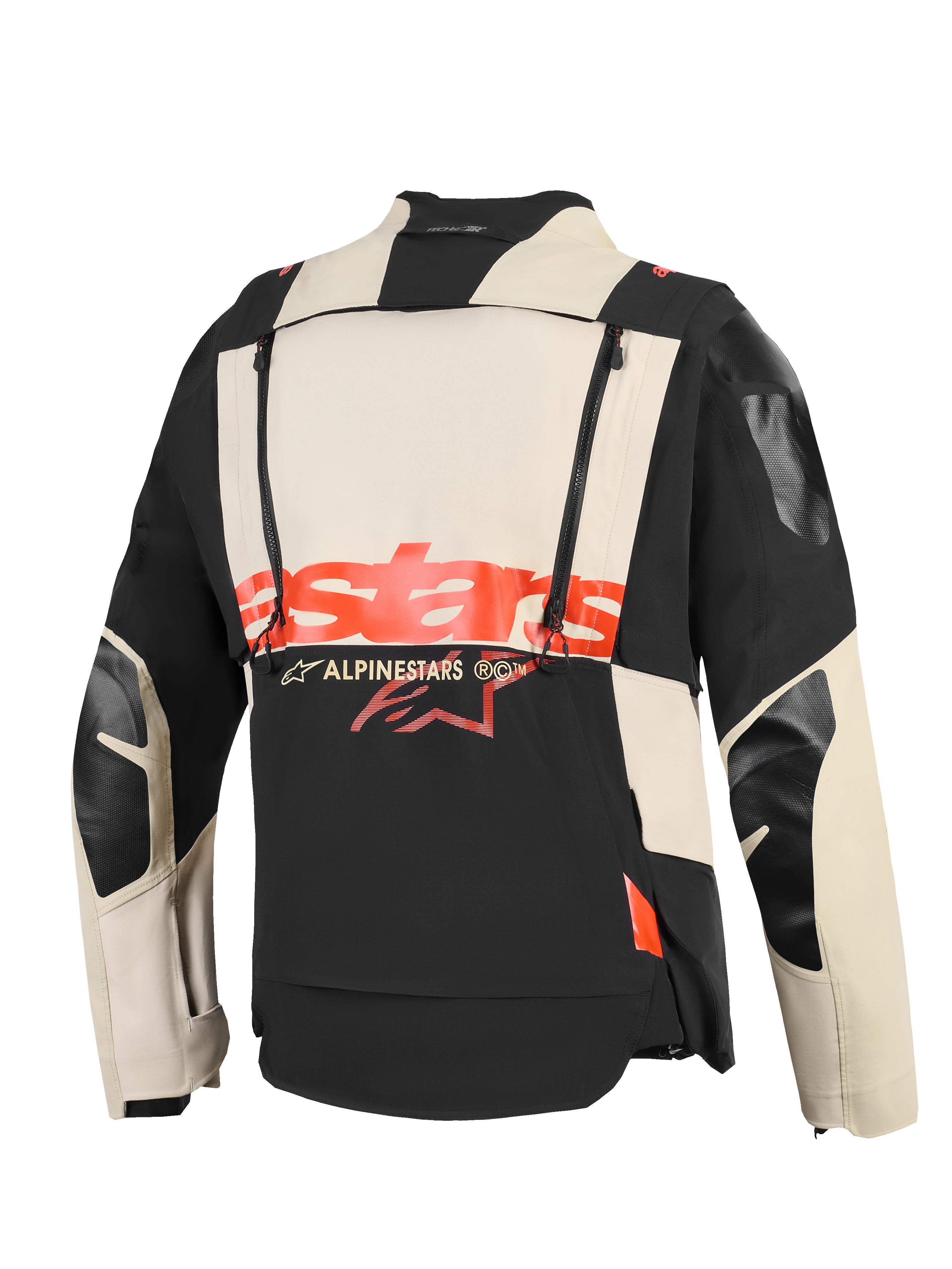 Chaqueta laminada Alpinestars Halo Pro Drystar® XF, vista posterior, construcción textil en negro Mastic y crema, logotipo 'stars' rojo llamativo en el centro, cremalleras verticales dobles para ventilación modular, prenda técnica de aventura para motociclismo