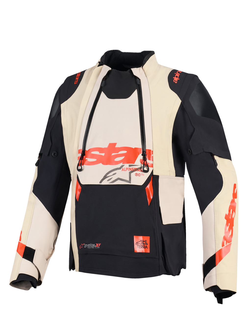 Chaqueta laminada Alpinestars Halo Pro Drystar® XF, chaqueta de moto de aventura, Mastic Black, con paneles de ventilación frontales modulares y logotipos de Alpinestars en rojo, diseño textil técnico para una conducción versátil en todo terreno