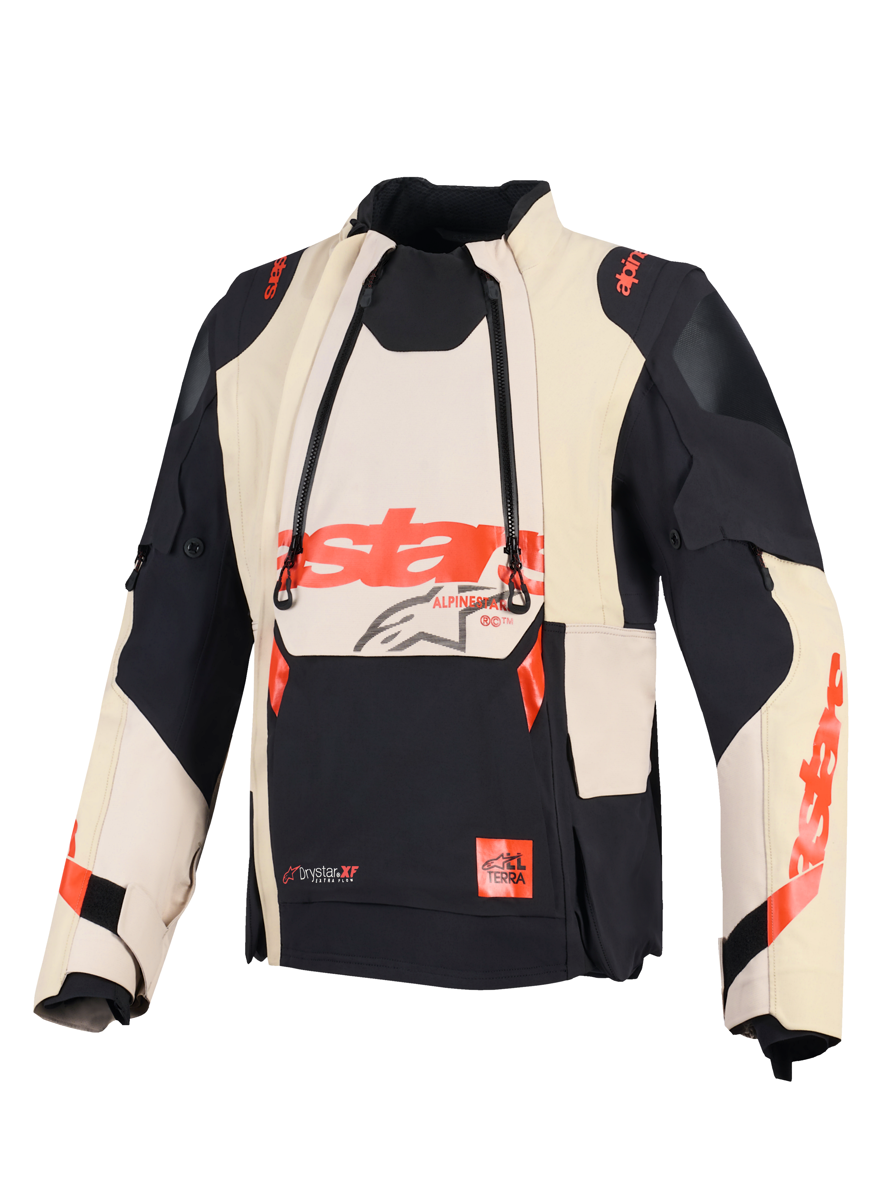 Chaqueta laminada Alpinestars Halo Pro Drystar® XF, chaqueta de moto de aventura, Mastic Black, con paneles de ventilación frontales modulares y logotipos de Alpinestars en rojo, diseño textil técnico para una conducción versátil en todo terreno