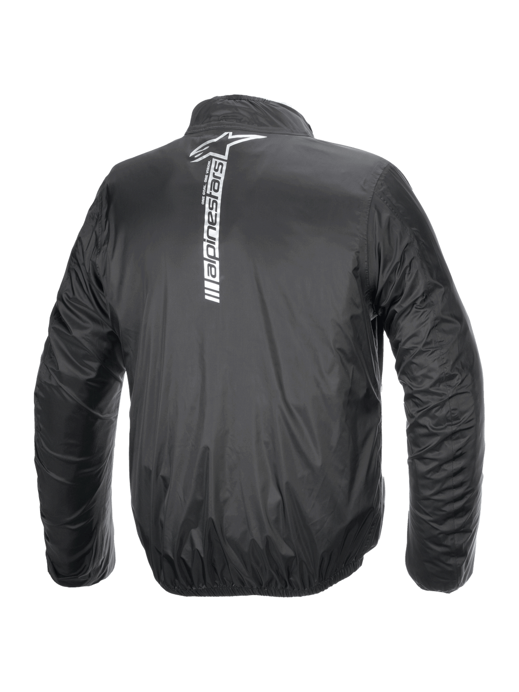 Alpinestars Hurricane Rain V2 Jacket, chaqueta de lluvia impermeable para moto, negra, vista trasera con un gran logotipo vertical y marca Alpinestars en blanco en el centro de la espalda, tejido laminado ligero con puños y cintura elásticos