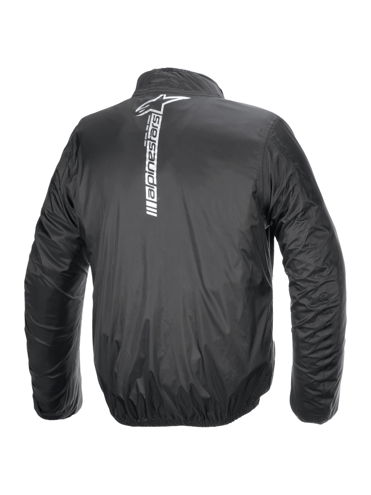 Alpinestars Hurricane Rain V2 Jacket, chaqueta de lluvia impermeable para moto, negra, vista trasera con un gran logotipo vertical y marca Alpinestars en blanco en el centro de la espalda, tejido laminado ligero con puños y cintura elásticos