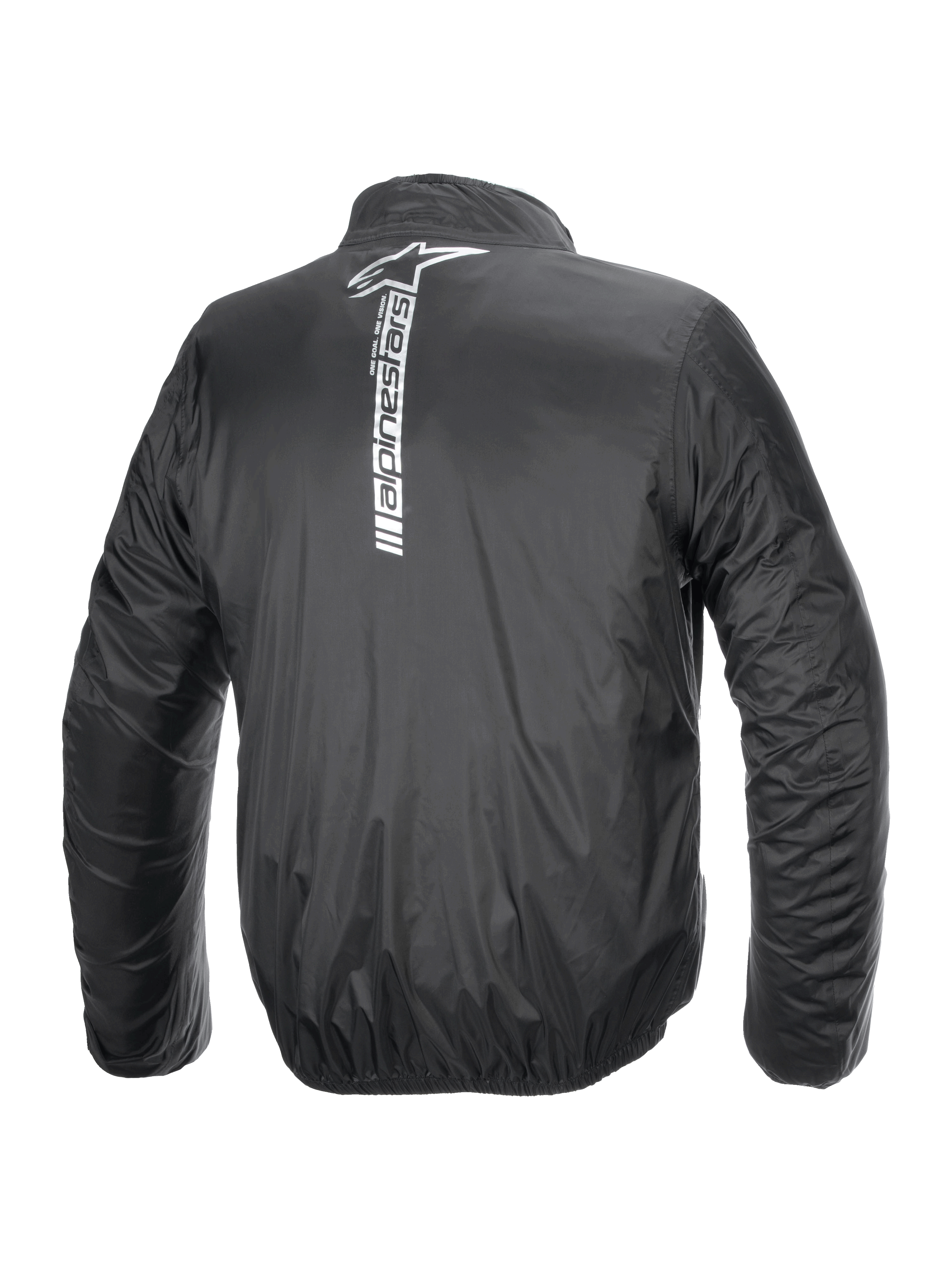 Alpinestars Hurricane Rain V2 Jacket, chaqueta de lluvia impermeable para moto, negra, vista trasera con un gran logotipo vertical y marca Alpinestars en blanco en el centro de la espalda, tejido laminado ligero con puños y cintura elásticos