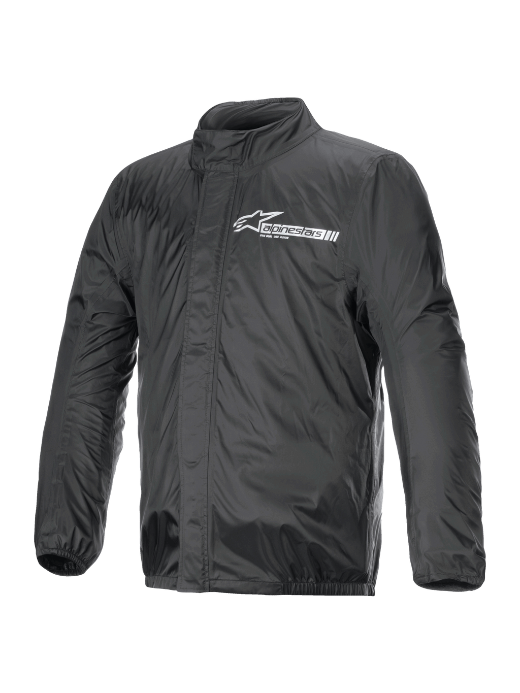 Alpinestars Hurricane Rain V2 Jacket, chaqueta impermeable para moto, negra, con el logotipo blanco de Alpinestars en el pecho, cuello alto, cremallera frontal con solapa protectora, puños y dobladillo elásticos, tejido laminado impermeable