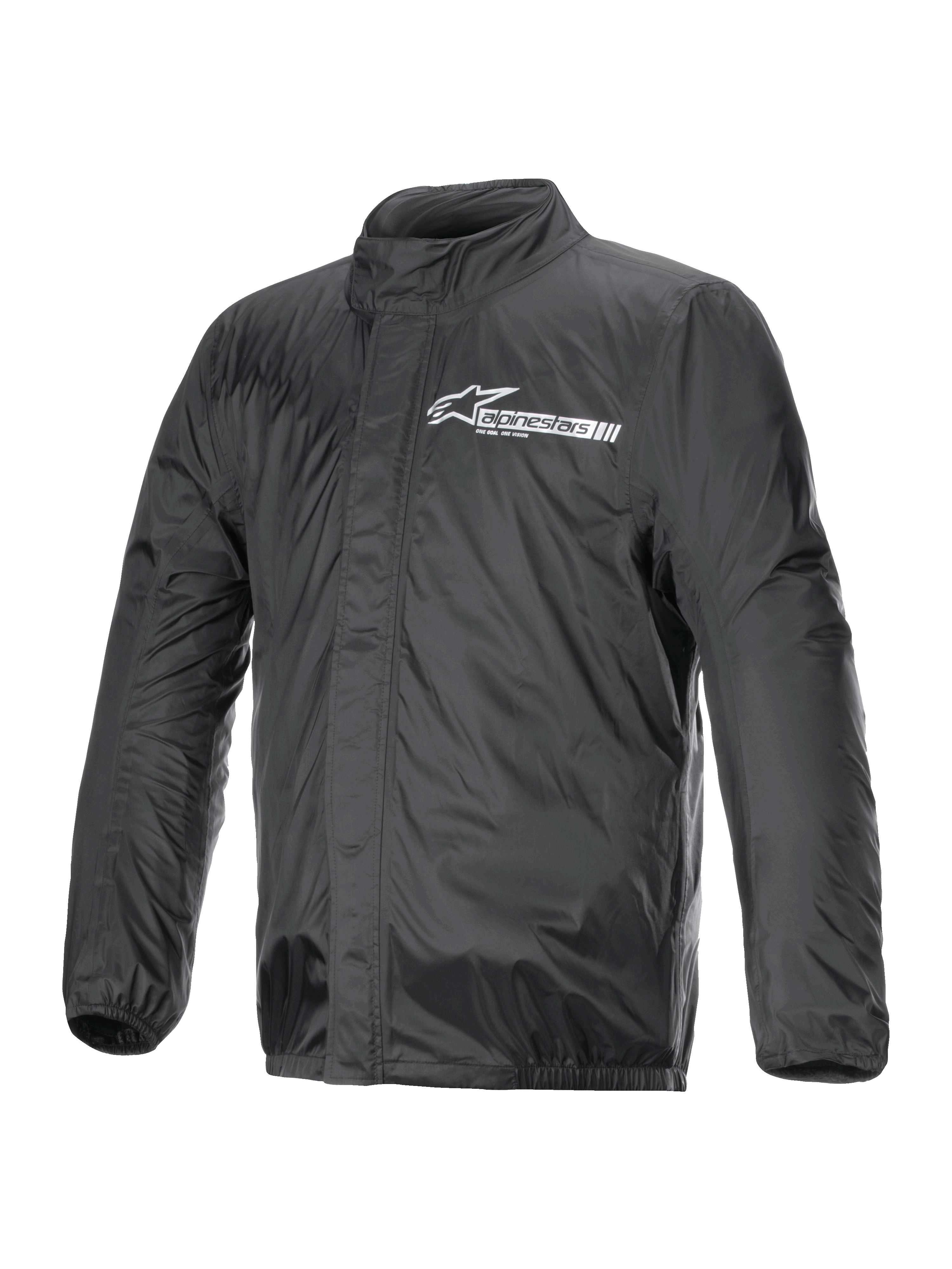 Alpinestars Hurricane Rain V2 Jacket, chaqueta impermeable para moto, negra, con el logotipo blanco de Alpinestars en el pecho, cuello alto, cremallera frontal con solapa protectora, puños y dobladillo elásticos, tejido laminado impermeable