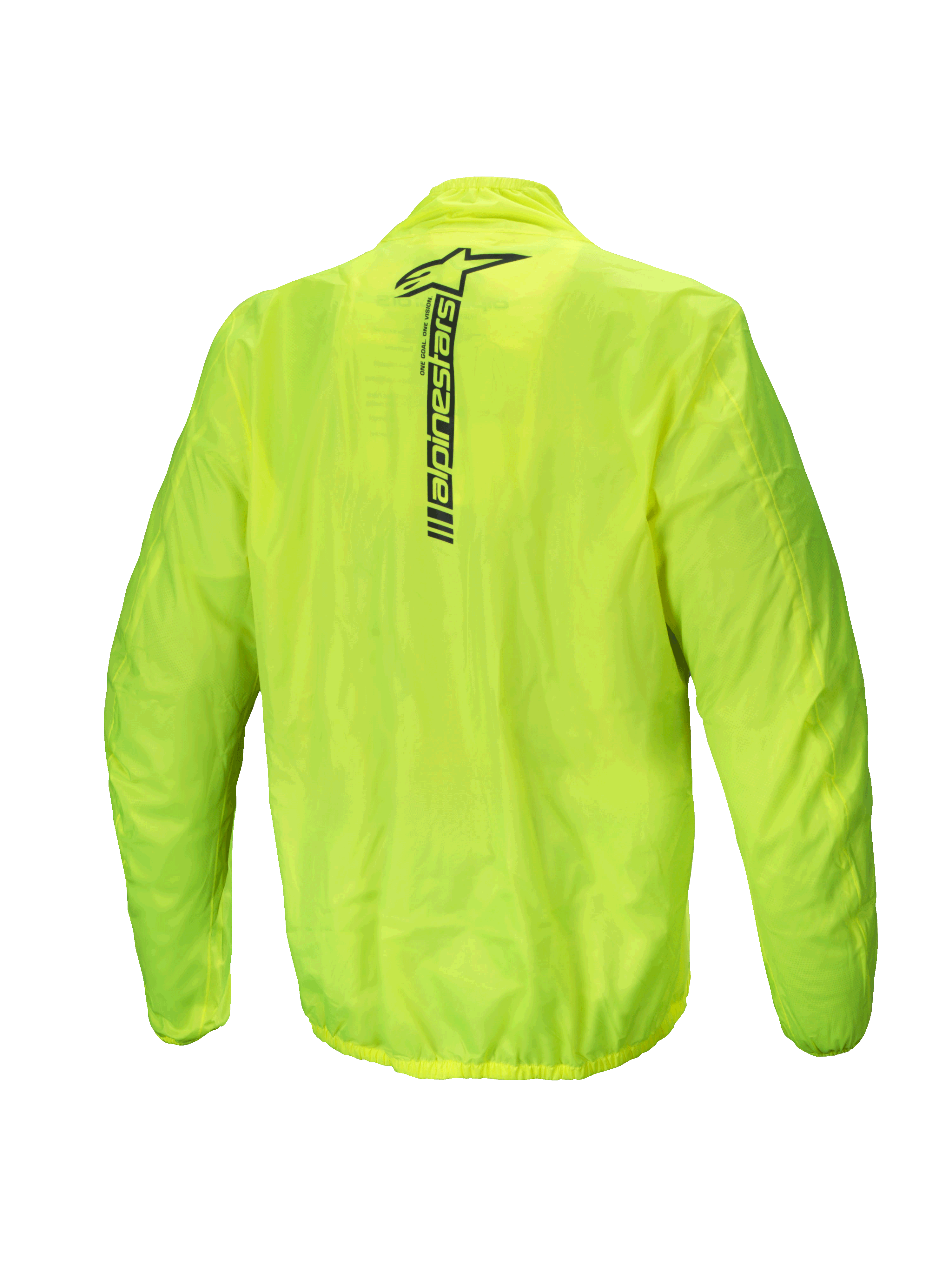 Alpinestars Chaqueta Hurricane Rain V2, chaqueta impermeable de moto para hombre, vista trasera, amarillo fluo, con logotipo reflectante de Alpinestars en la parte superior de la espalda