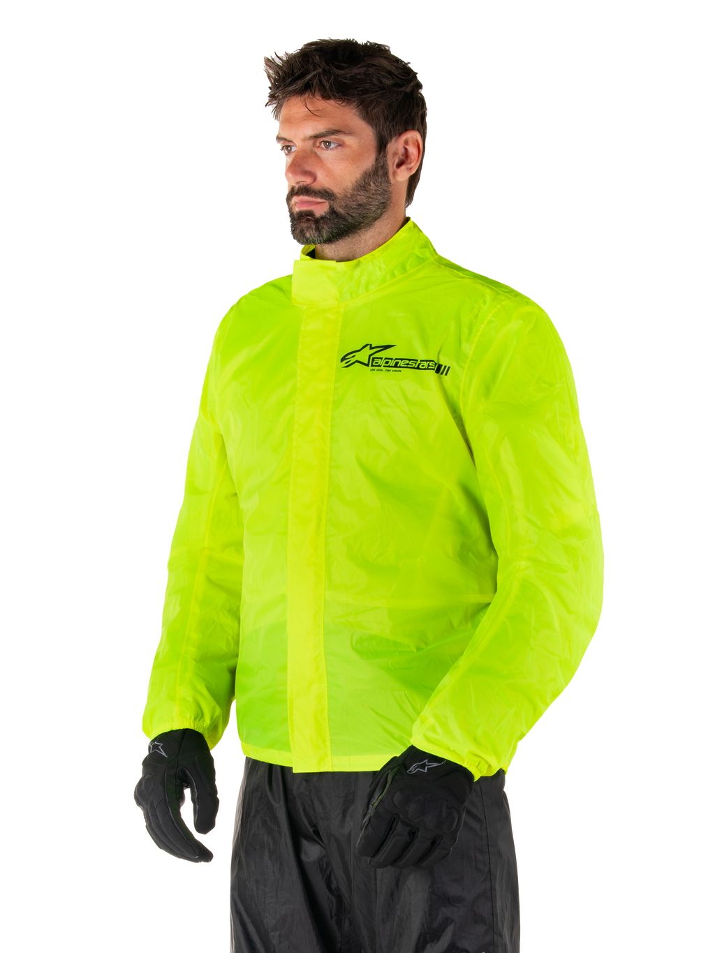 Chaqueta Alpinestars Hurricane Rain V2, Amarillo Fluo, chaqueta impermeable para moto de alta visibilidad en color amarillo fluorescente, cierre frontal de doble solapa, logotipo de Alpinestars en el pecho, diseño ligero y plegable para conducir con clima húmedo